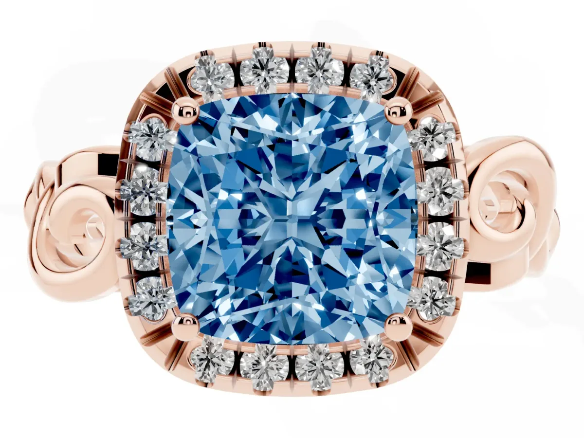 Fancy Blue Cushion Cut Cut Halo Diamond Ring with Scrollwork Band and Four-Prong Setting Rose gold