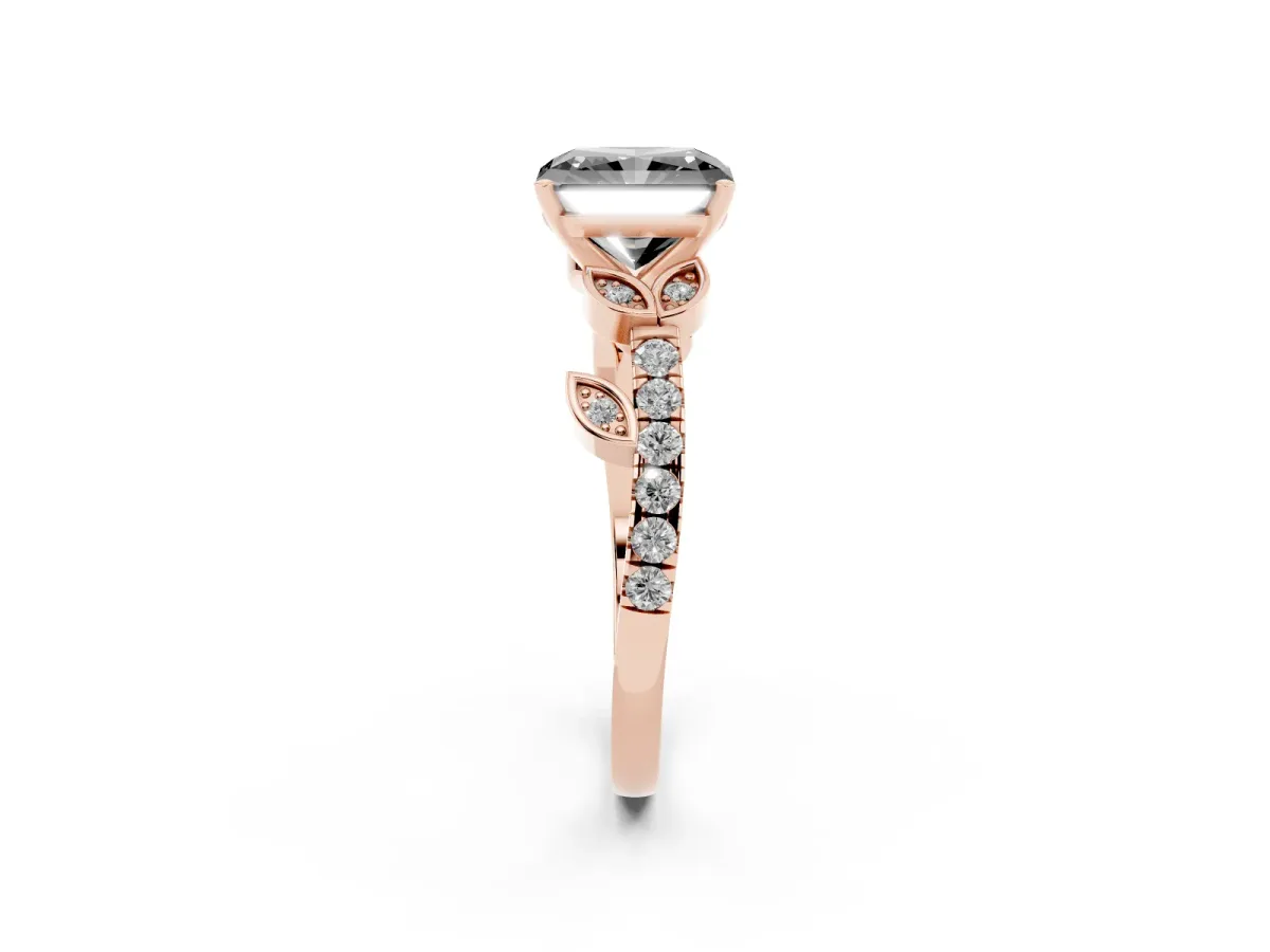 Fancy Black Radiant Cut Solitaire Leaf-Inspired Diamond Ring with Pavé Band and Four-Prong Setting Rose gold