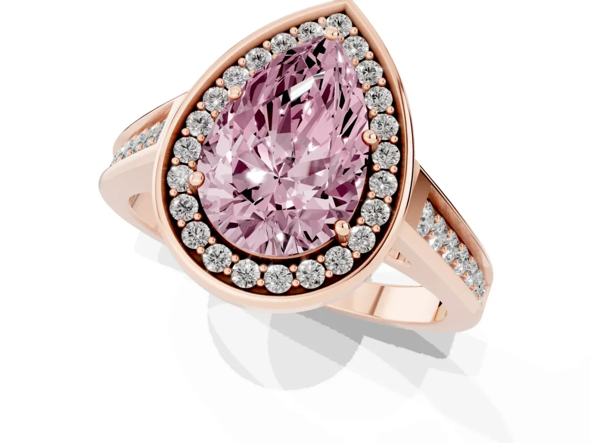 Fancy Pink Pear Cut Halo Solitaire Diamond Ring with Pave Band and Bezel Setting Rose gold