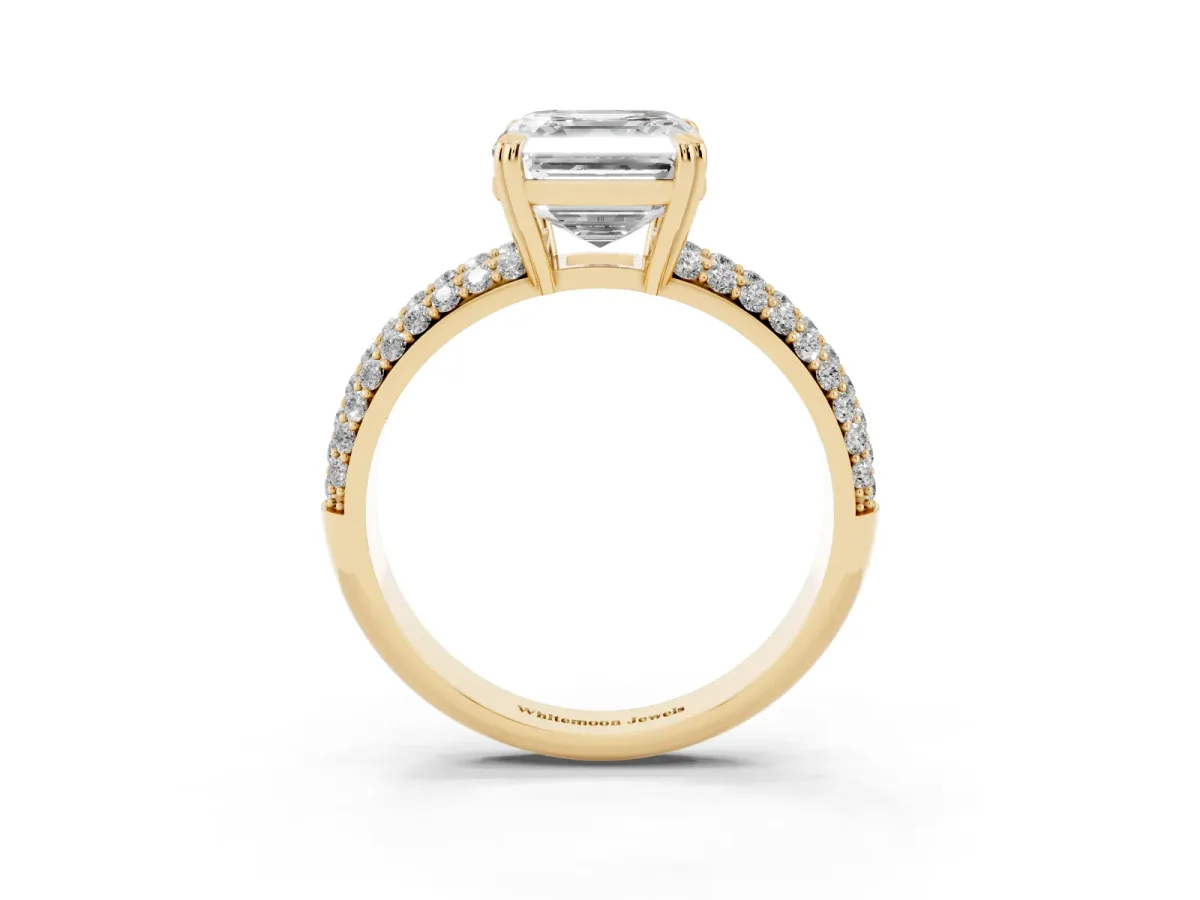 Asscher Cut Diamond Solitaire Ring with Multi-Row Round Pavé Band and Prong Setting Yellow gold