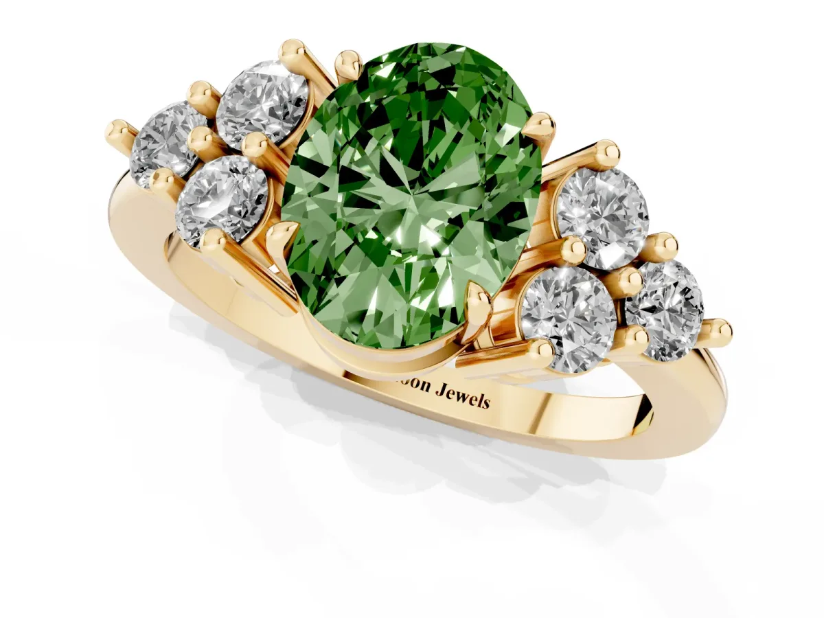 Fancy Green Oval Cut Brilliant Diamond Cluster Accent Solitaire Ring with Prong Setting Yellow gold