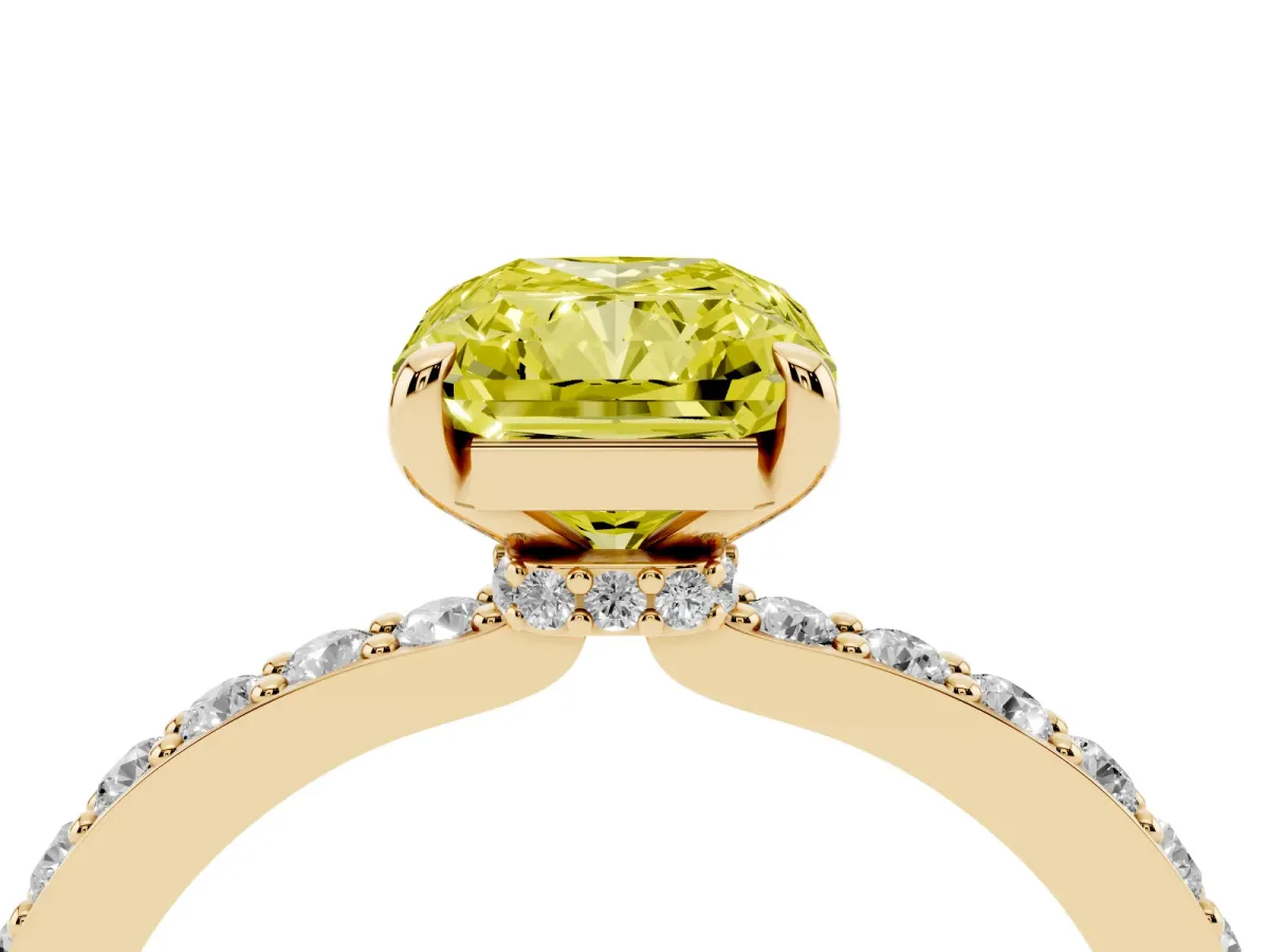 Fancy Yellow Radiant Cut Diamond Pavé Engagement Ring with Round Accents and Prong Setting Yellow gold