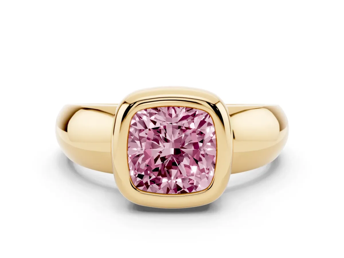 Fancy Pink Bezel Set Cushion Cut Solitaire Ring with Wide Band Yellow gold