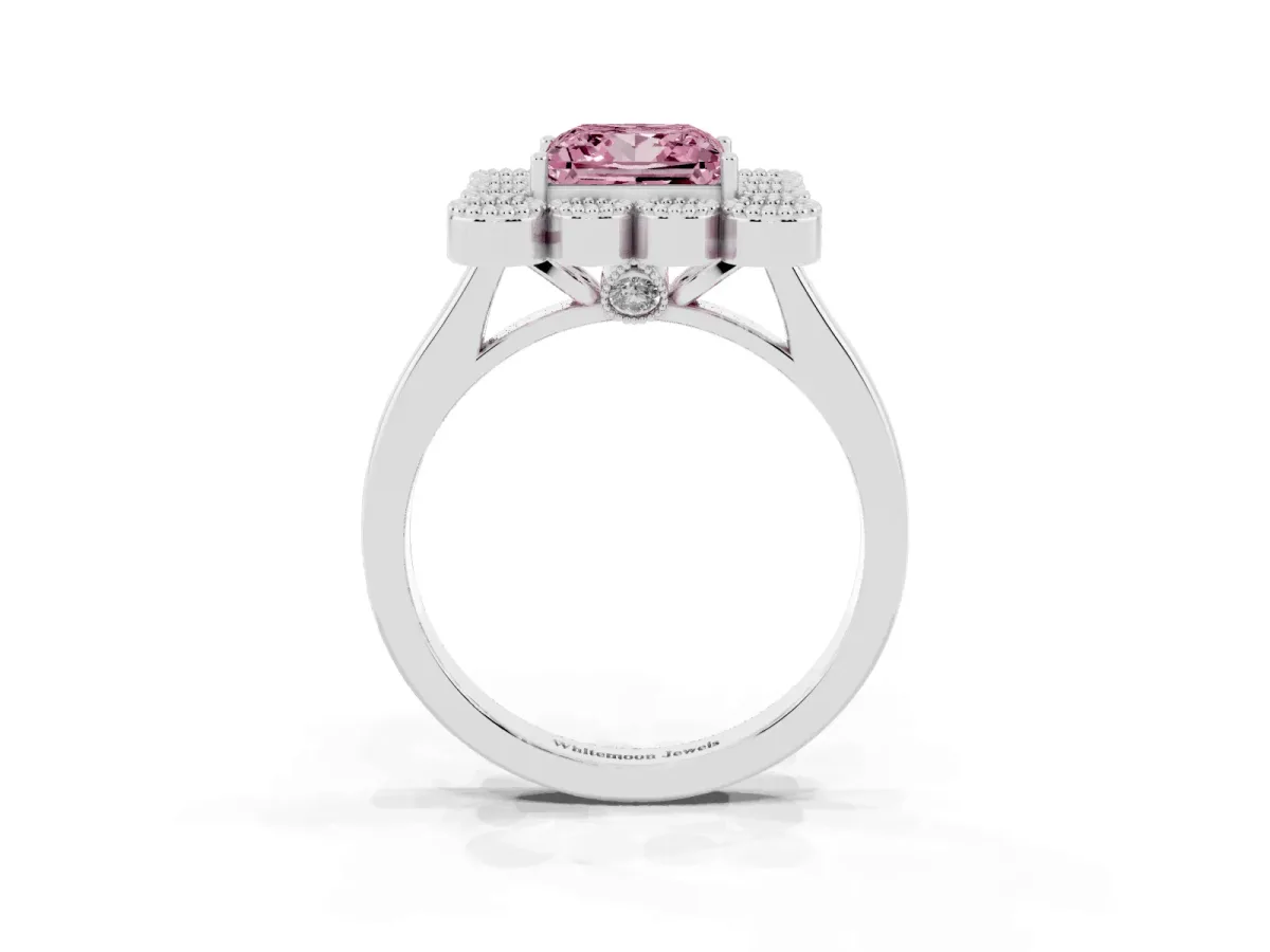 Fancy Pink Princess Cut Halo Diamond Cluster Engagement Ring with Milgrain Bezel Setting and Solitaire Band Platinum