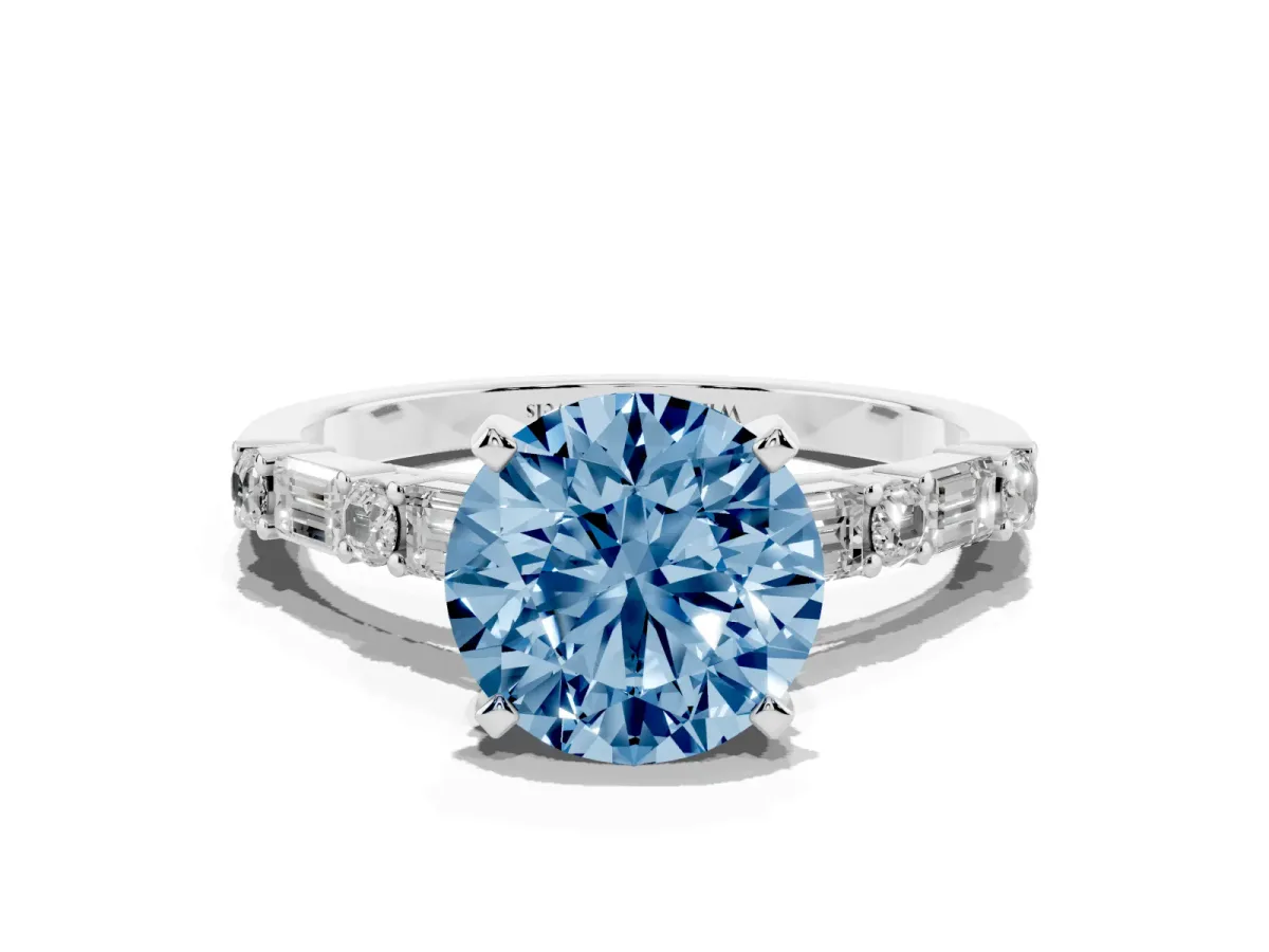 Fancy Blue Round Cut Diamond Solitaire with Side Baguettes and Channel Set Band White gold