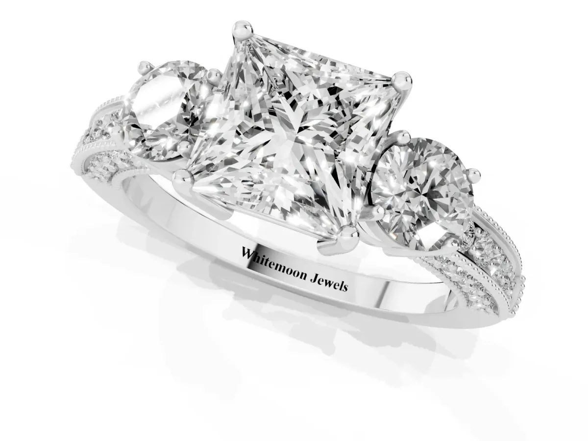 Princess Cut Three-Stone Diamond Ring with Pavé Band and Four-Prong Setting Silver