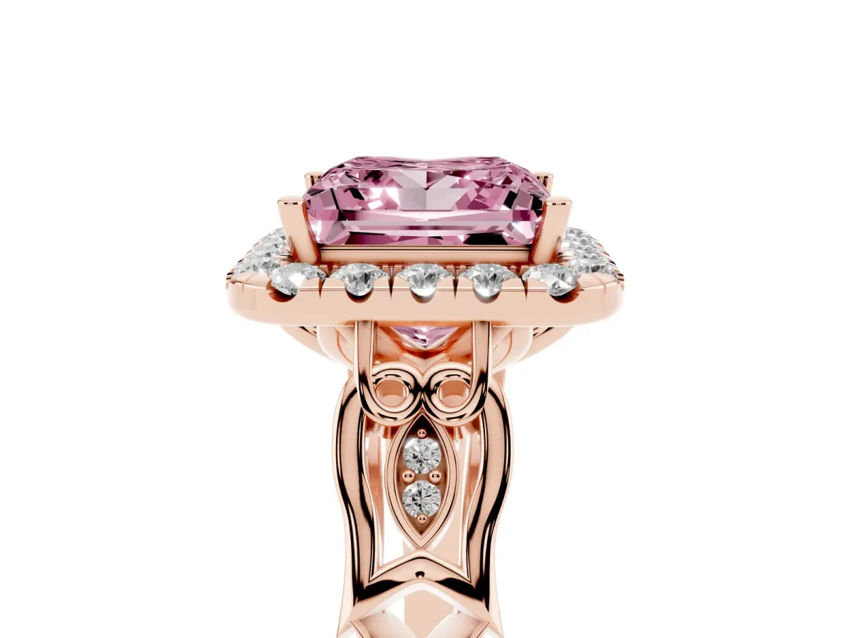 Fancy Pink Princess Cut Halo Diamond Engagement Ring with Filigree Band and Four-Prong Setting Rose gold