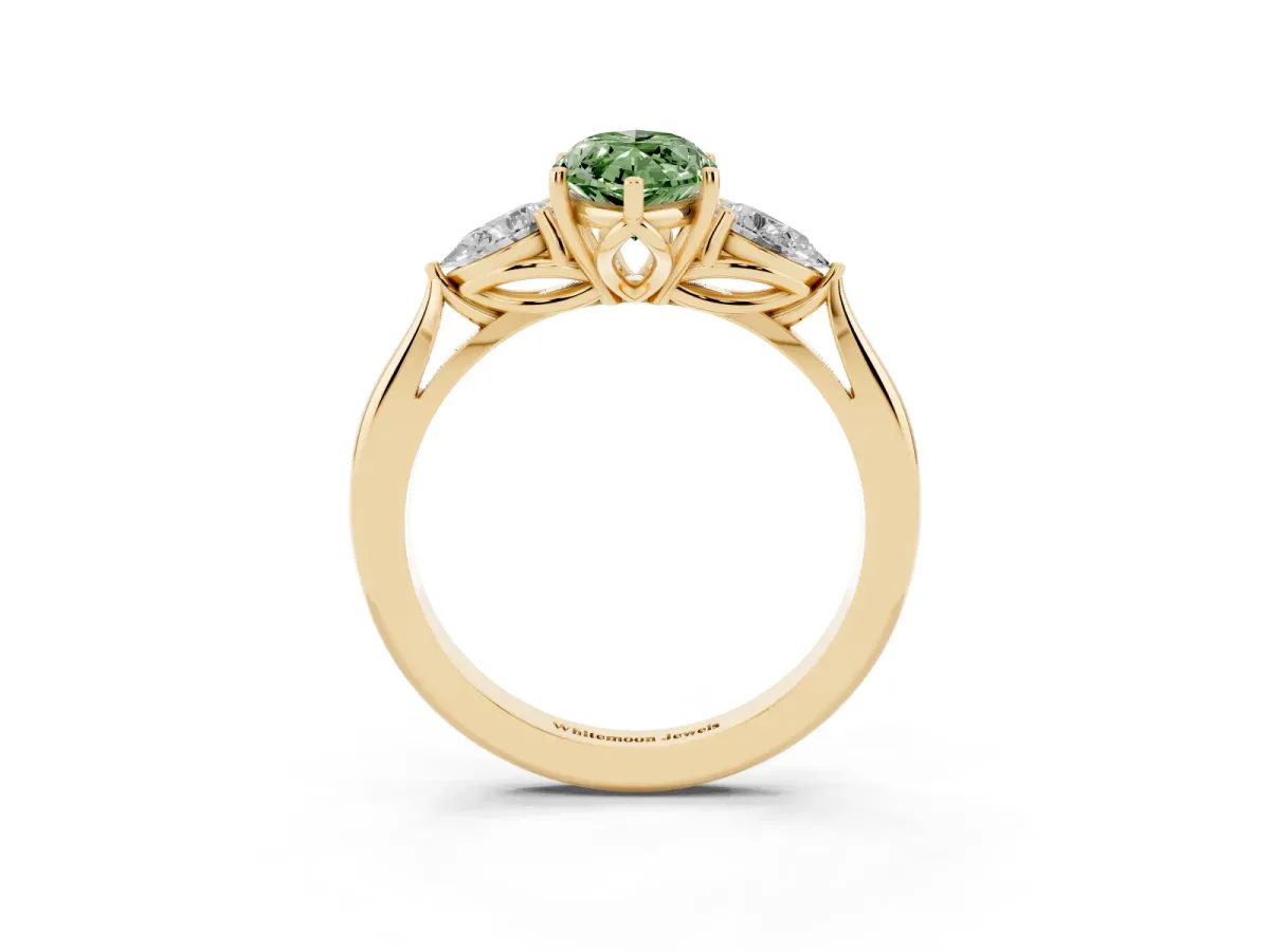 Fancy Green Three-Stone Marquise Cut Brilliant Diamond Solitaire Ring with Tapered Band and Four-Prong Setting Yellow gold