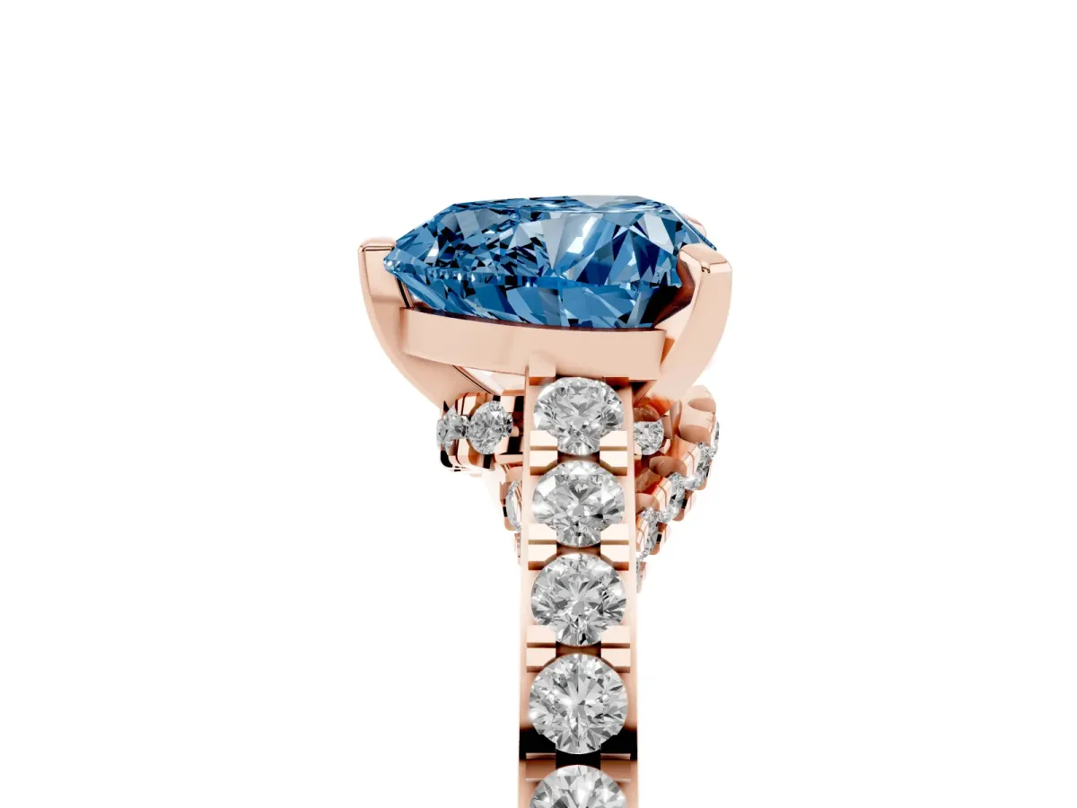 Fancy Blue Heart Cut Diamond Solitaire Ring with Crossover Gallery and Round Pavé Band Rose gold