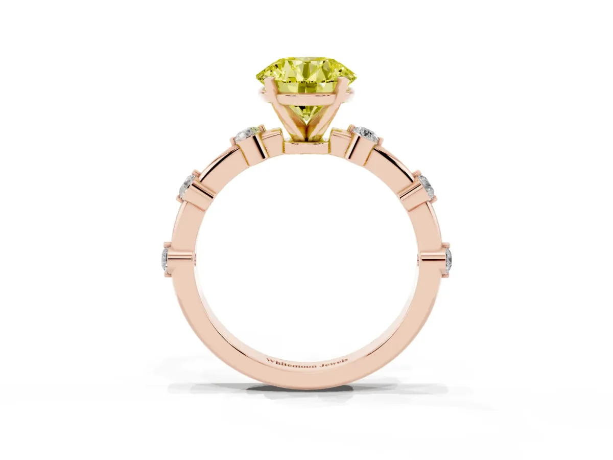 Fancy Yellow Round Cut Solitaire Diamond Ring with Bezel Set Side Stones and Prong Setting Rose gold