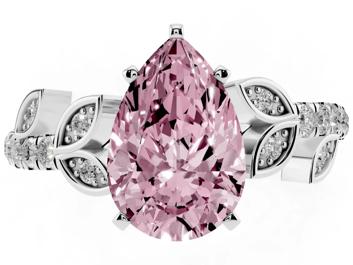 Fancy Pink Pear Cut Solitaire Leaf-Inspired Diamond Ring with Pavé Band and Four-Prong Setting Silver