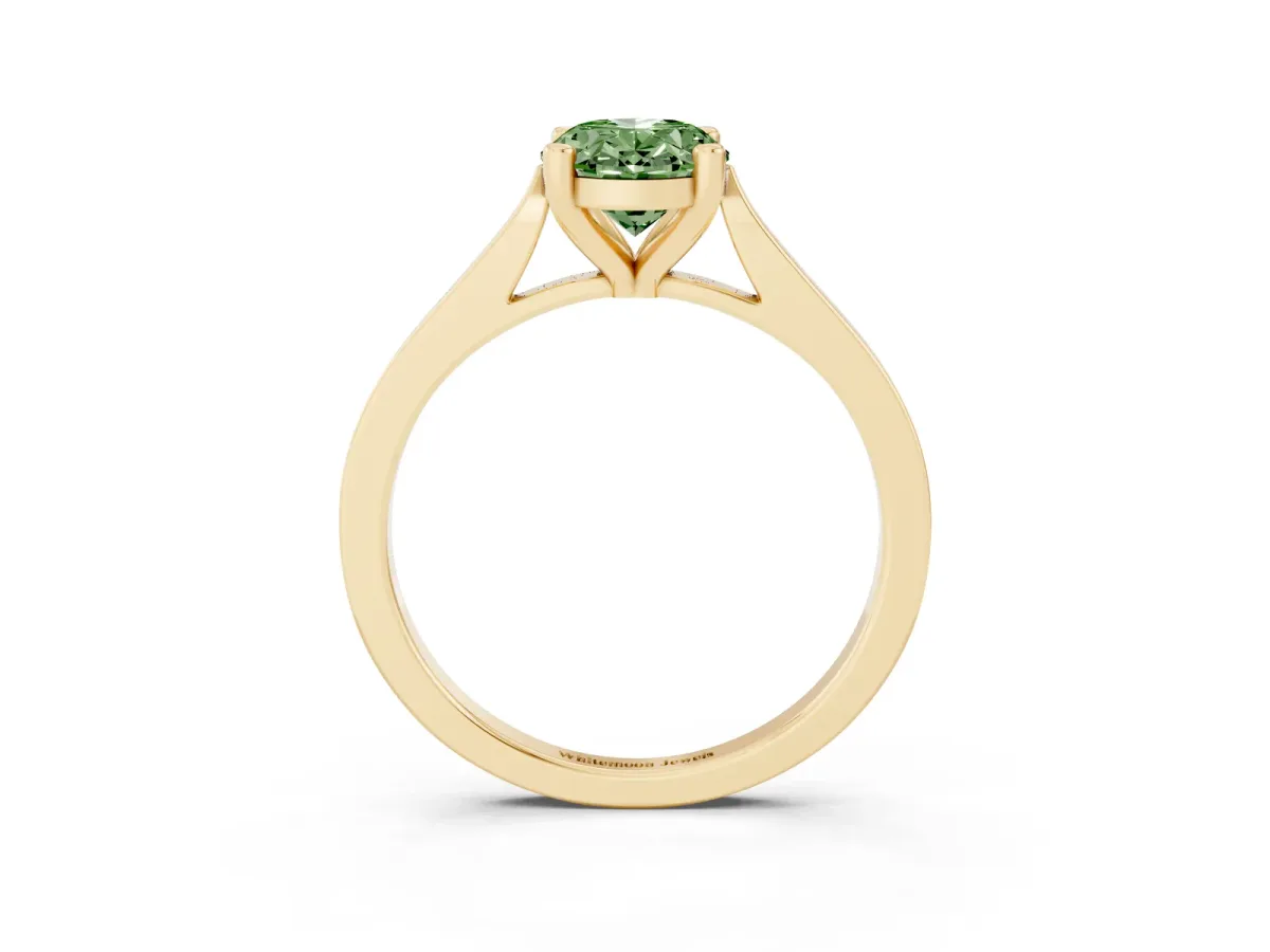 Fancy Green Oval Cut Solitaire Diamond Ring with Four-Prong Setting and Tapered Band Yellow gold