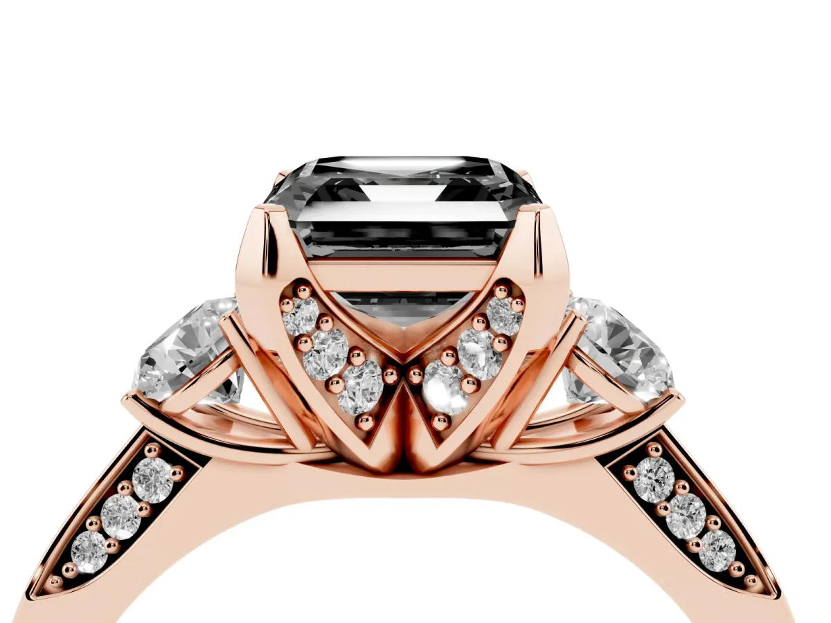 Fancy Black Asscher Cut Brilliant Three-Stone Diamond Ring with Pavé Band and Four-Prong Setting Rose gold