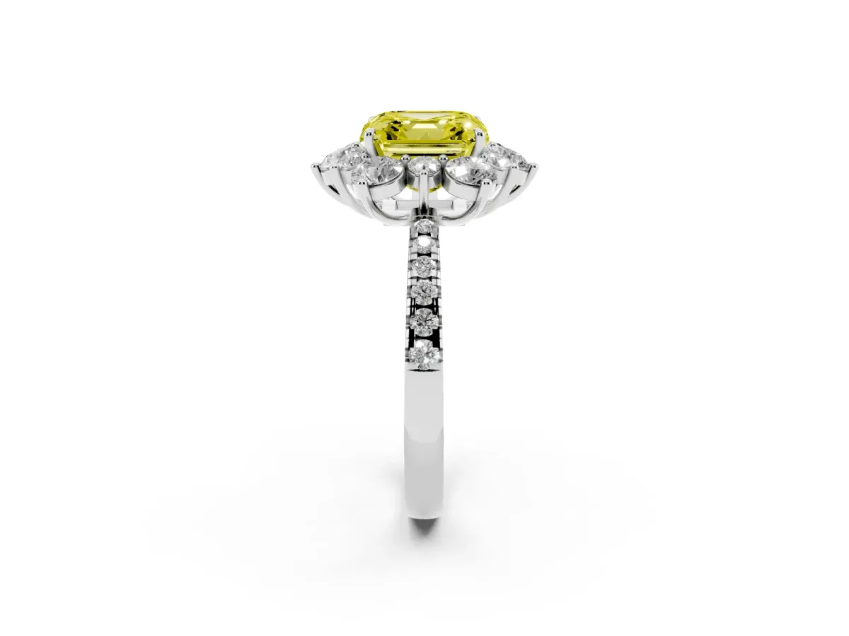 Fancy Yellow Asscher Cut Diamond Floral Halo Ring with Round Pavé Band and Prong Setting White gold