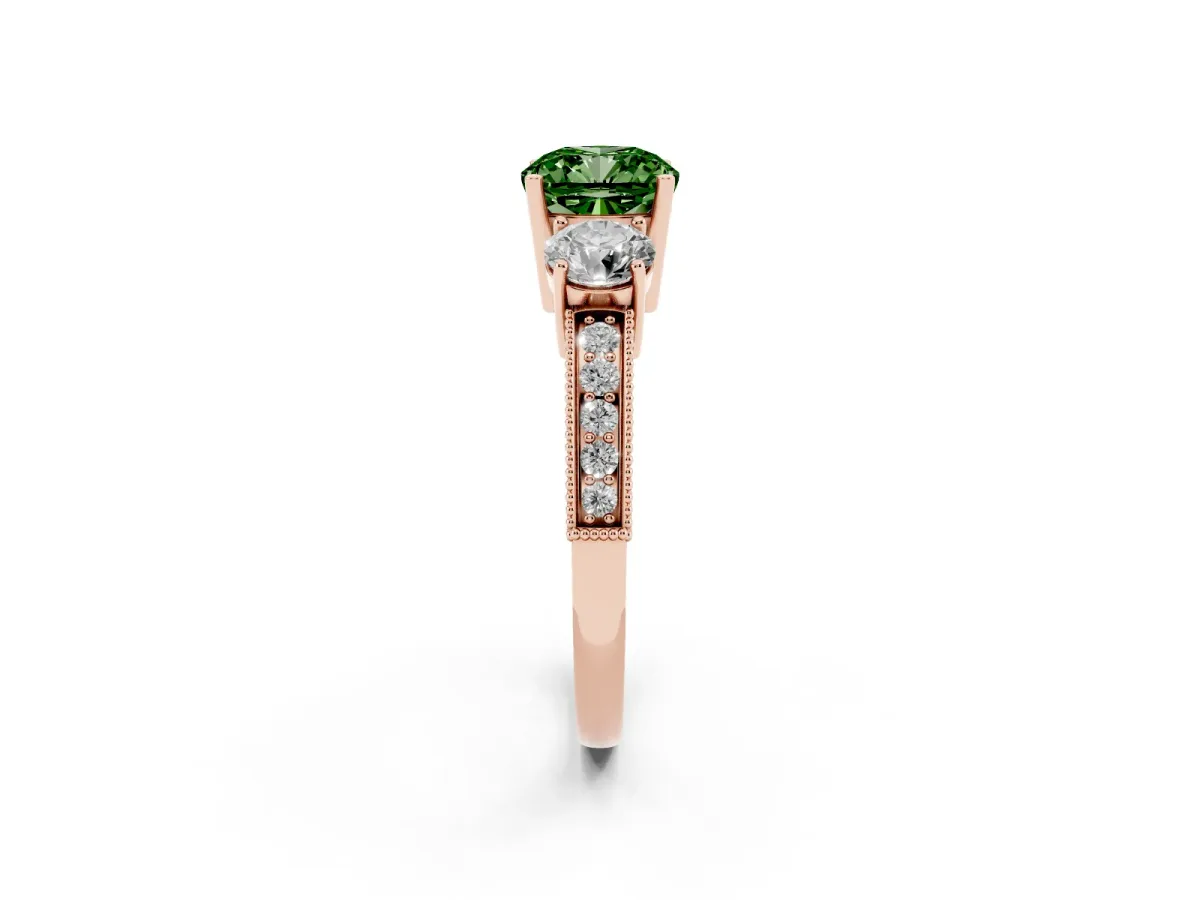 Fancy Green Cushion Cut Three-Stone Diamond Ring with Pavé Band and Four-Prong Setting Rose gold