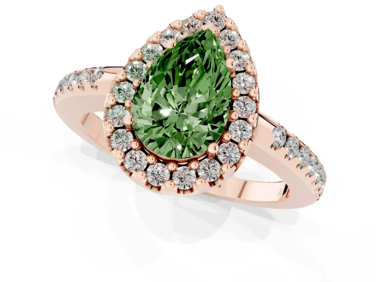 Fancy Green Pear Cut Diamond Pavé Halo Ring with Four-Prong Setting Rose gold