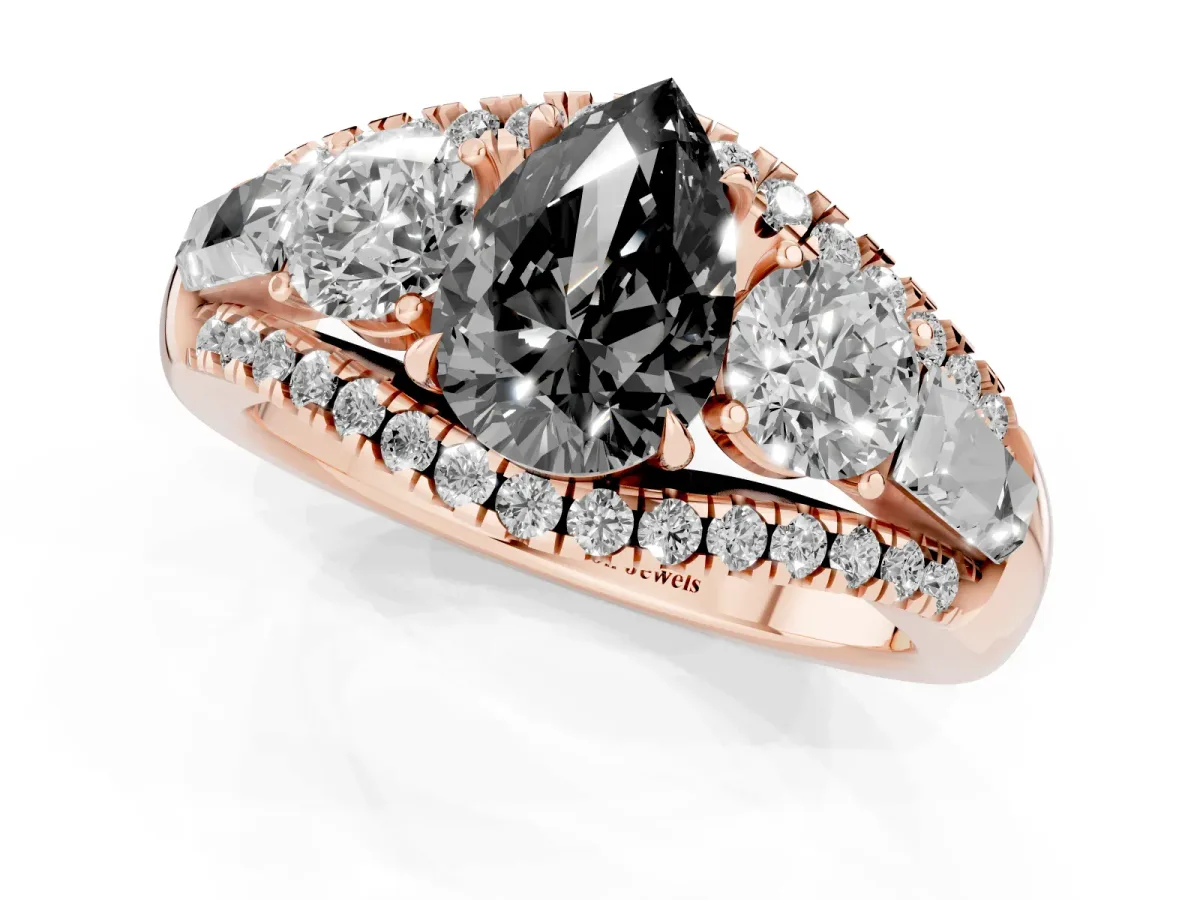 Fancy Black Three-Stone Pear Cut Diamond Engagement Ring with Pave Band and Prong Setting Rose gold