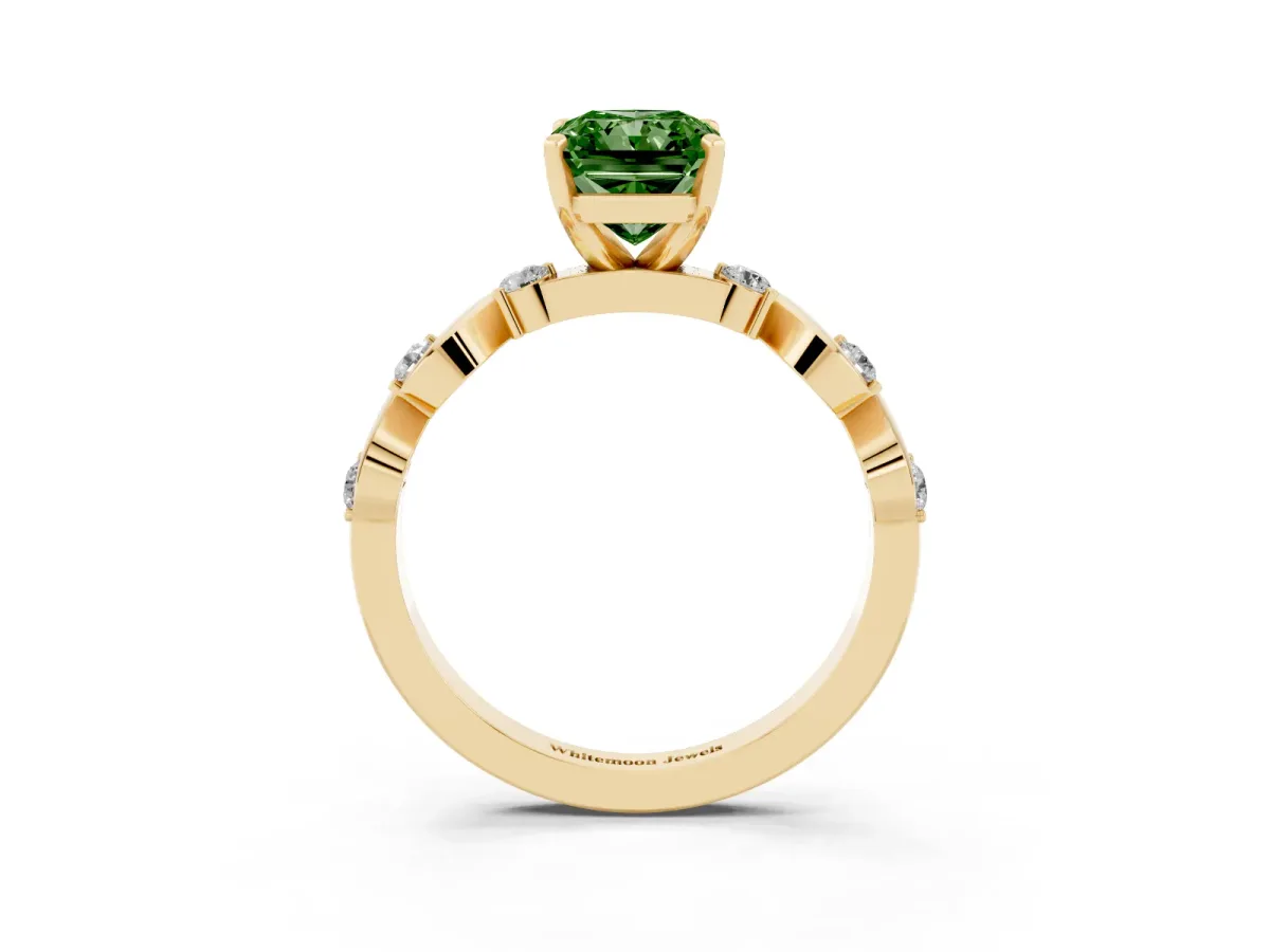 Fancy Green Radiant Cut Diamond Solitaire Twisted Band with Round Accents and Prong Setting Yellow gold