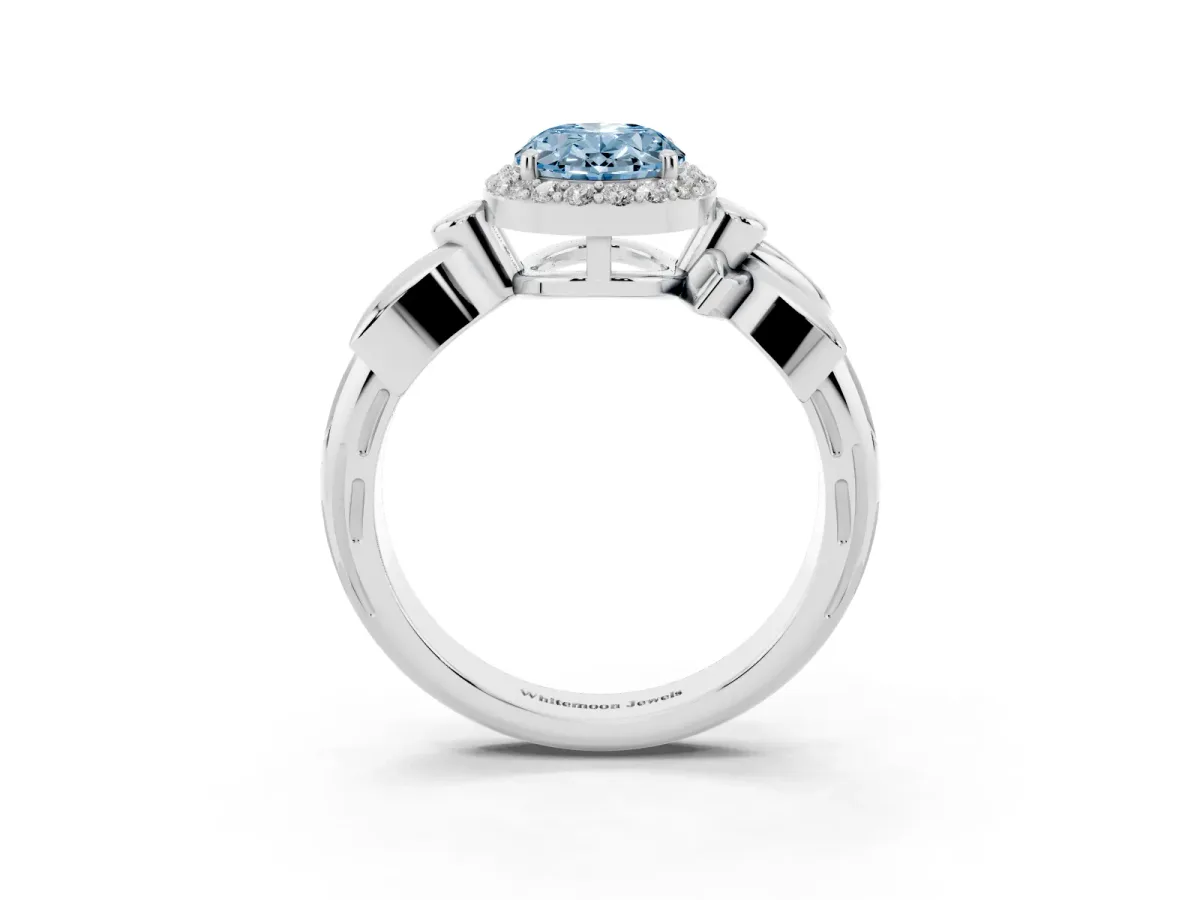 Fancy Blue Oval Cut Halo Diamond Floral Band with Four-Prong Setting Silver