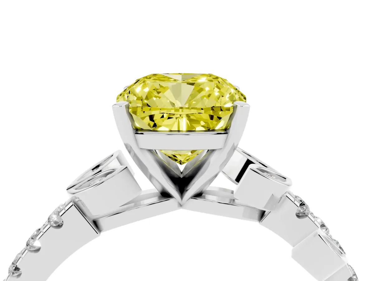 Fancy Yellow Cushion Cut Solitaire Leaf-Inspired Diamond Ring with Pavé Band and Four-Prong Setting Silver