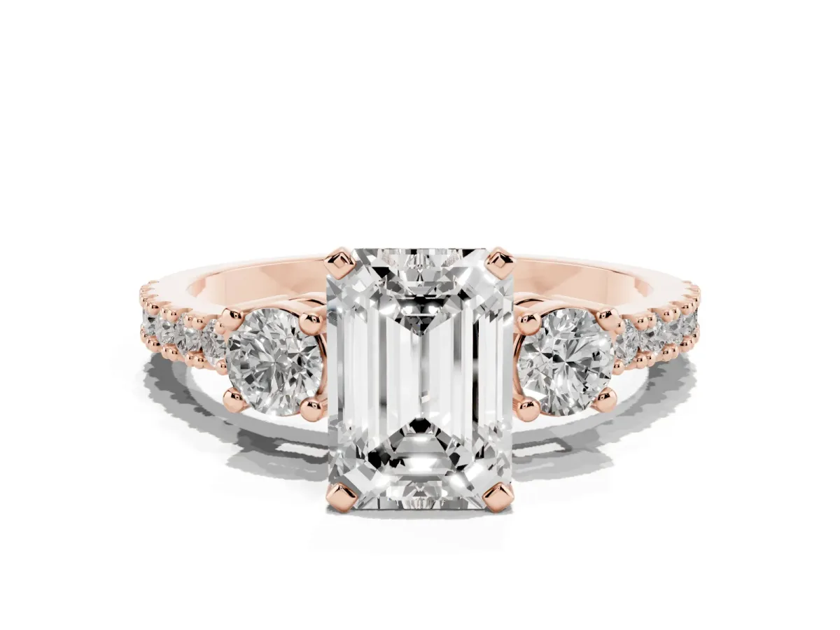 Emerald Cut Three-Stone Diamond Pavé Band with Prong Setting Rose gold