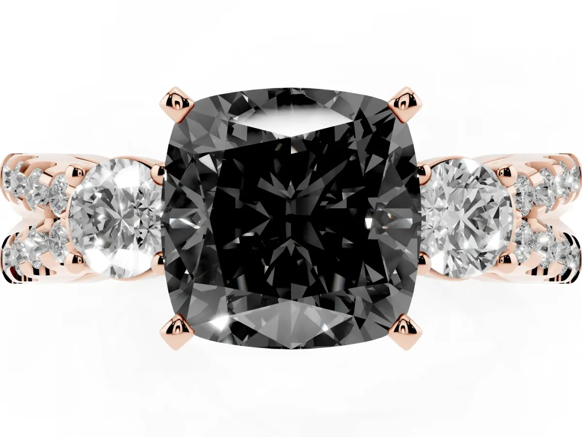 Fancy Black Cushion Cut Diamond Three-Stone Ring with Pavé Split Shank and Four-Prong Setting Rose gold