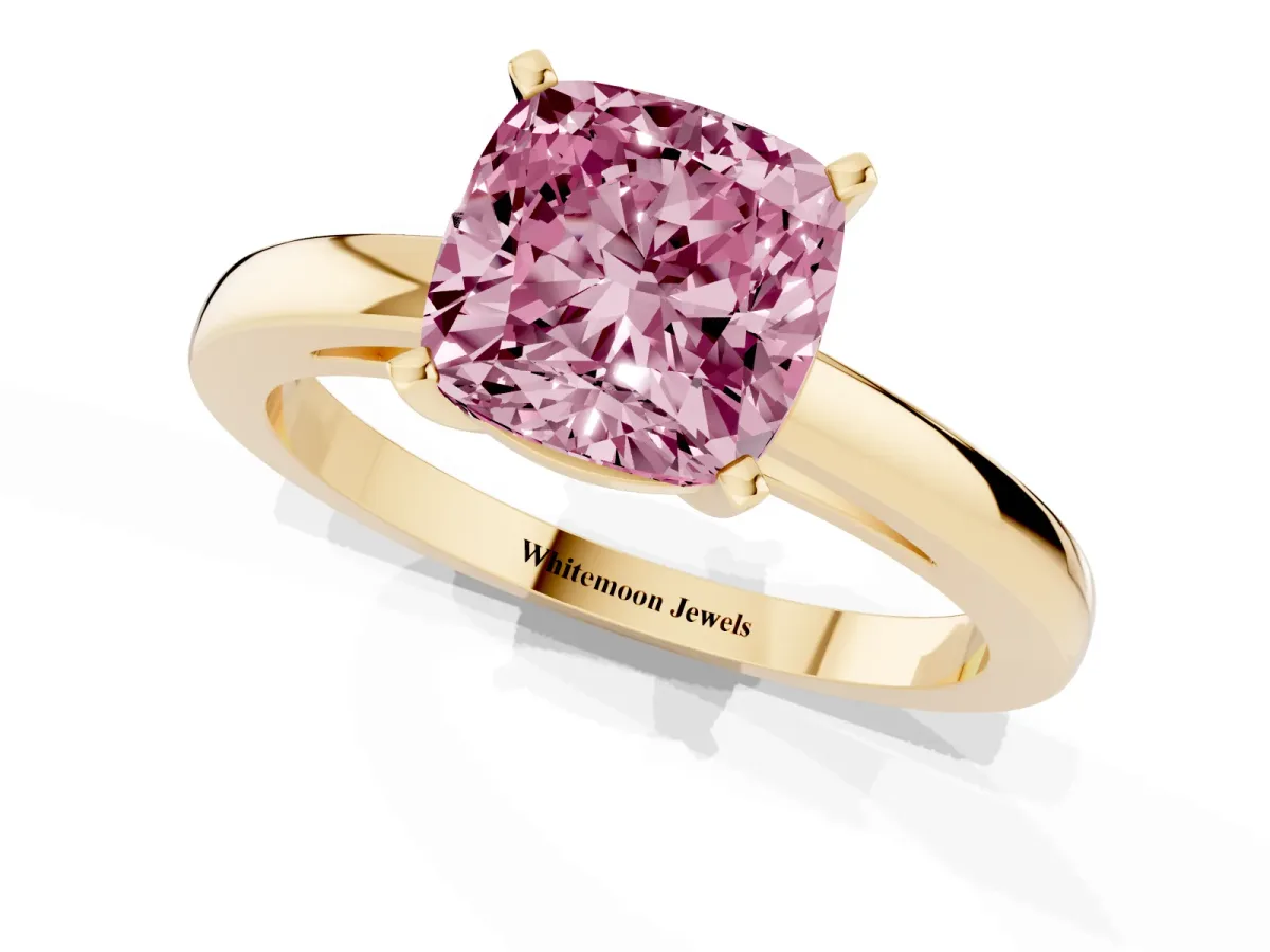 Fancy Pink Cushion Cut Solitaire Diamond Engagement Ring with Four-Prong Setting on a Classic Band Yellow gold