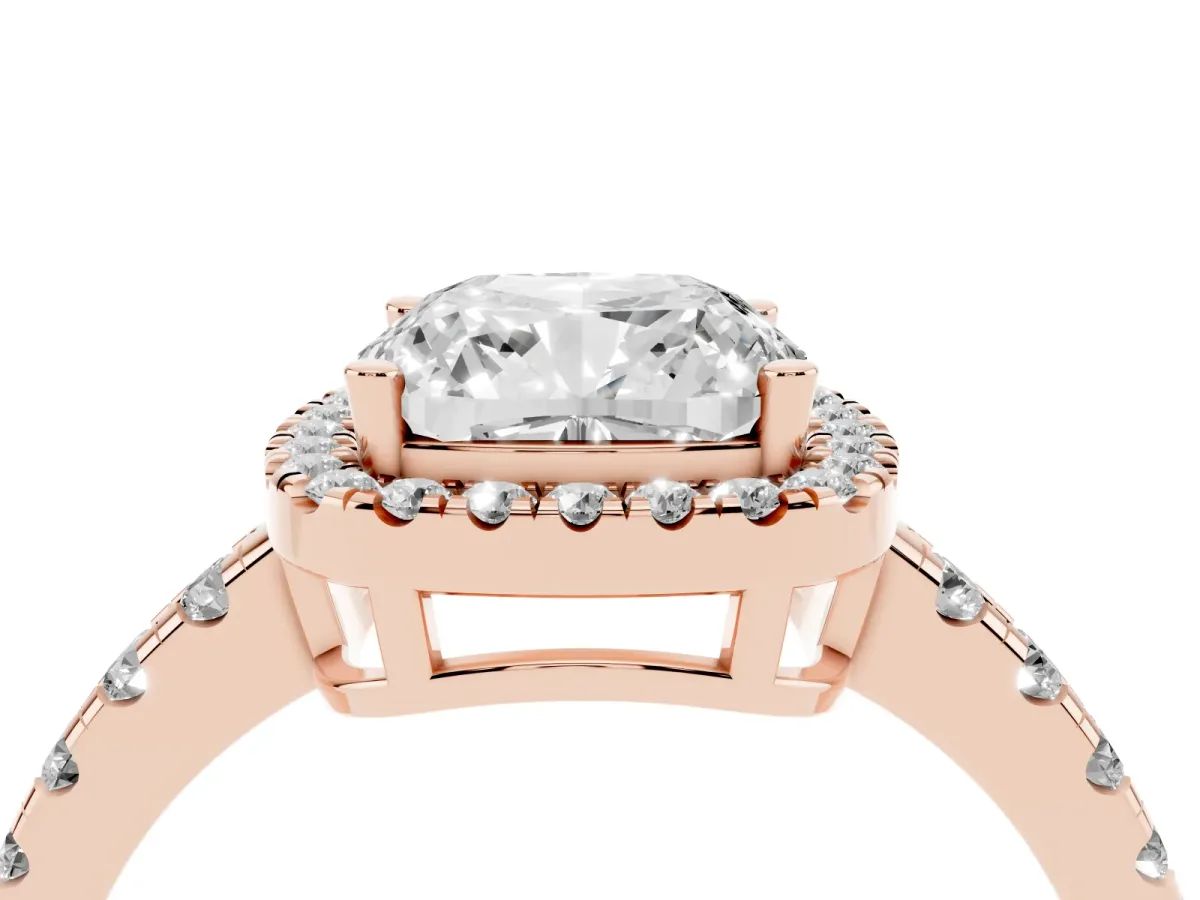 Cushion Cut Diamond Halo Ring with Pavé Band and Four-Prong Setting Rose gold