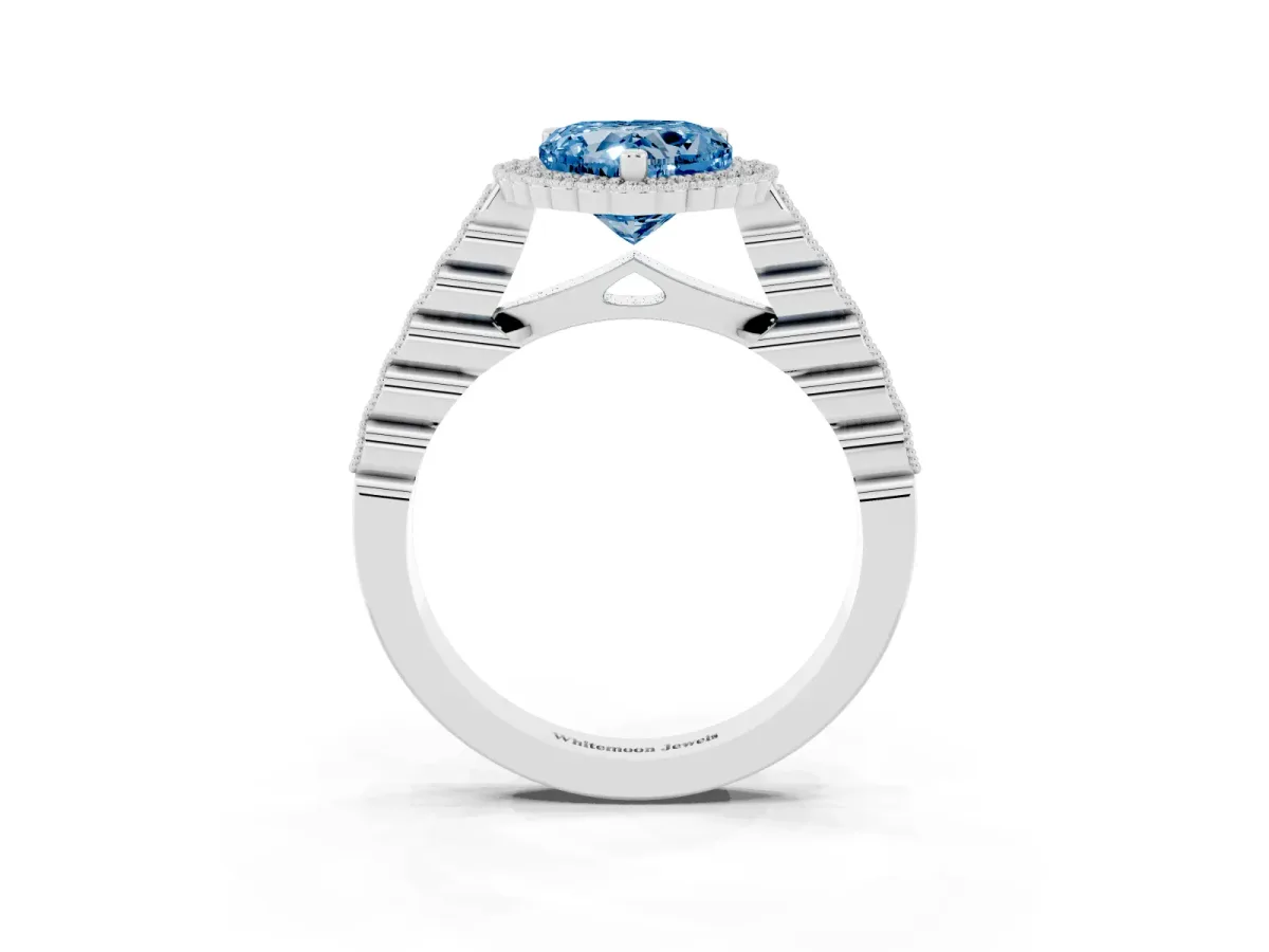Fancy Blue Heart Cut Cut Halo Pavé Solitaire Ring with Milgrain Band Silver