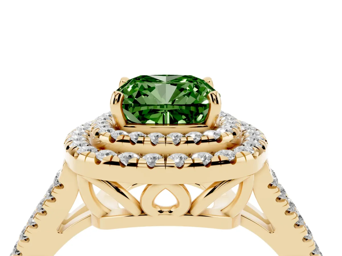 Fancy Green Cushion Cut Diamond Double Halo Ring with Pavé Band and Prong Setting Yellow gold