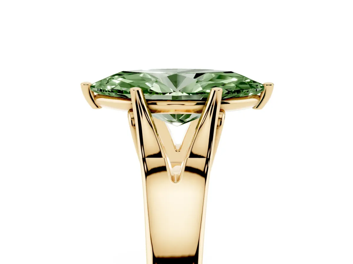 Fancy Green Marquise Cut Solitaire Diamond Ring with Cathedral Band and Four-Prong Setting Yellow gold