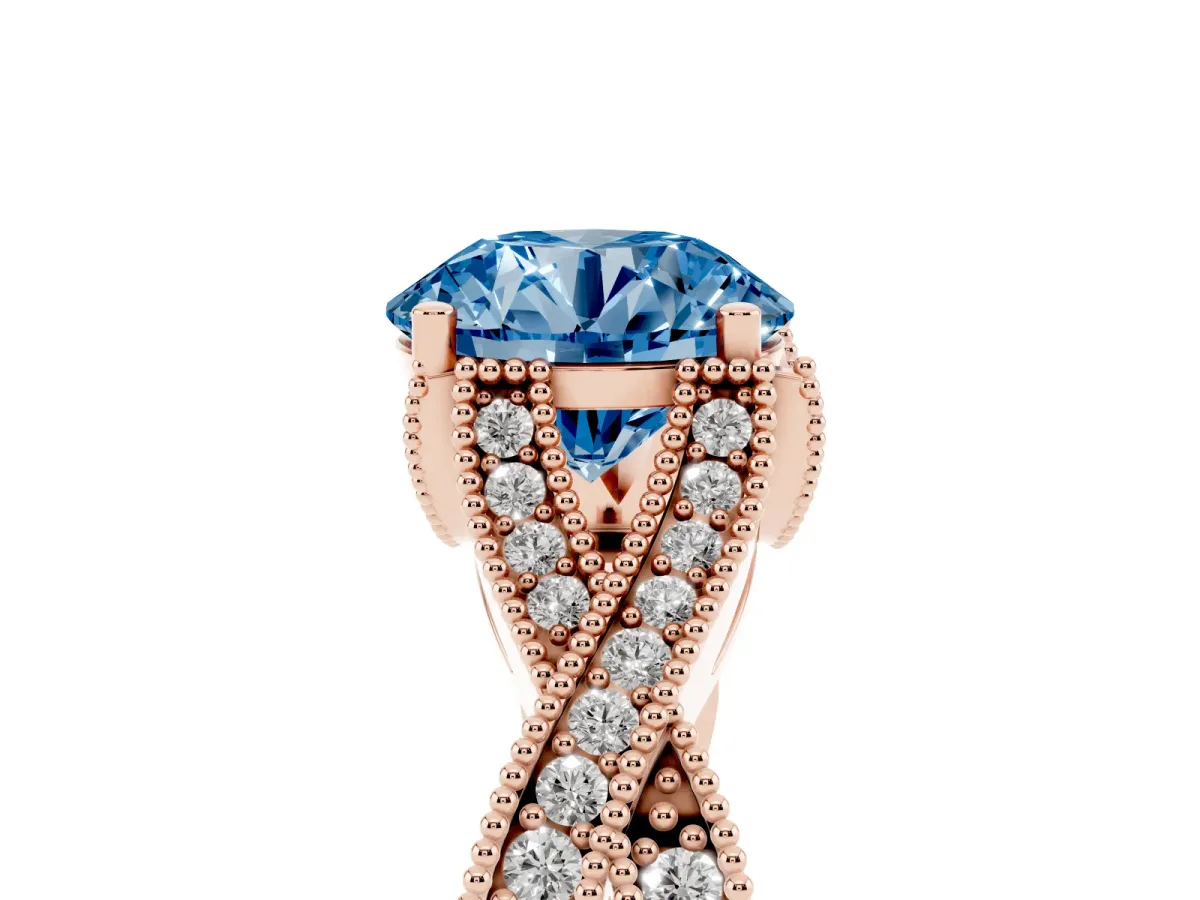 Fancy Blue Round Cut Cut Diamond Twisted Band with Milgrain Pave Setting and Four-Prong Setting Rose gold