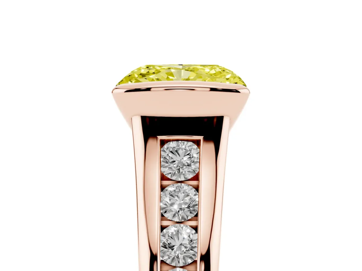 Fancy Yellow Radiant Cut Solitaire Bezel-Set Diamond Ring with Channel-Set Band Rose gold