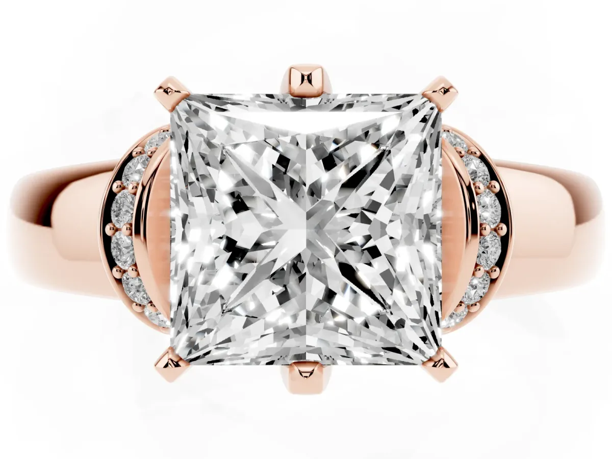 Princess Cut Solitaire Diamond Ring with Pave Band and Six-Prong Setting Rose gold
