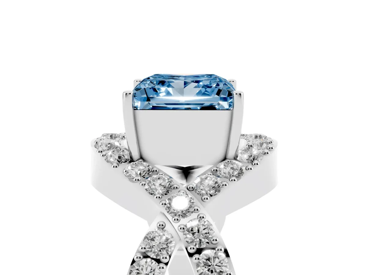 Fancy Blue Princess Cut Solitaire Twist Band Pavé Diamond Engagement Ring White gold