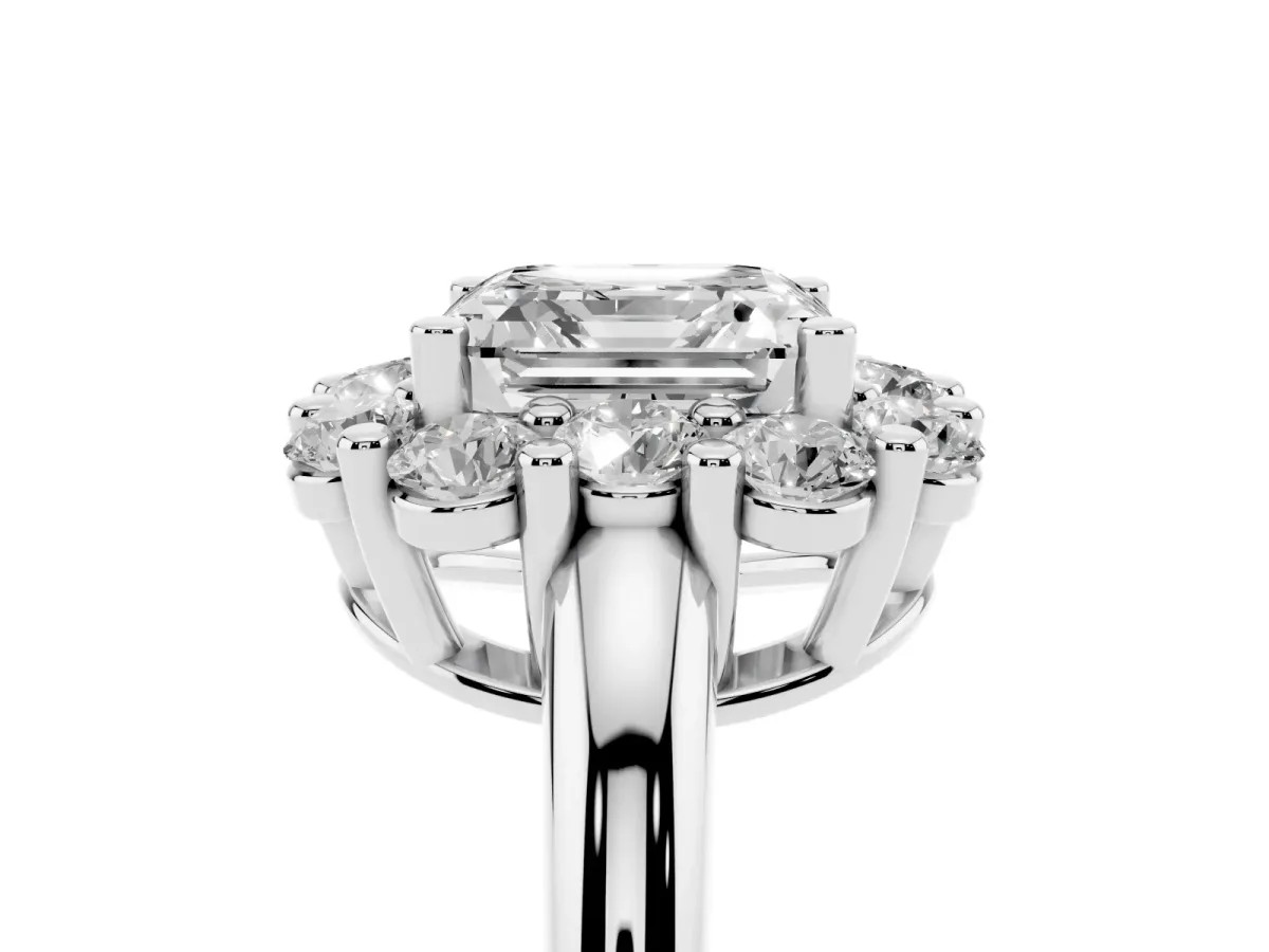 Asscher Cut Halo Cluster Diamond Engagement Ring with Prong Setting and Polished Band White gold