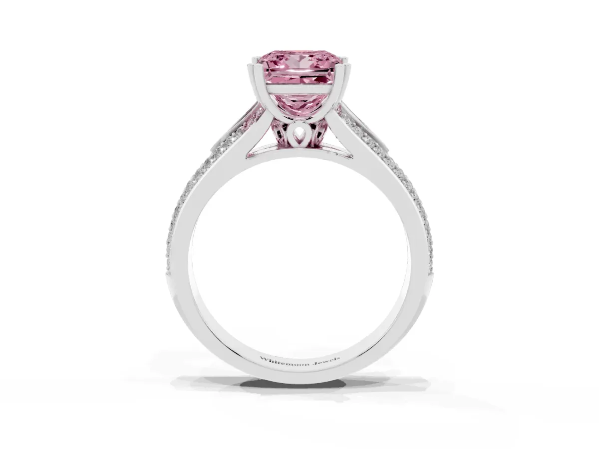 Fancy Pink Princess Cut Diamond Split Shank Engagement Ring with Pavé Band Platinum