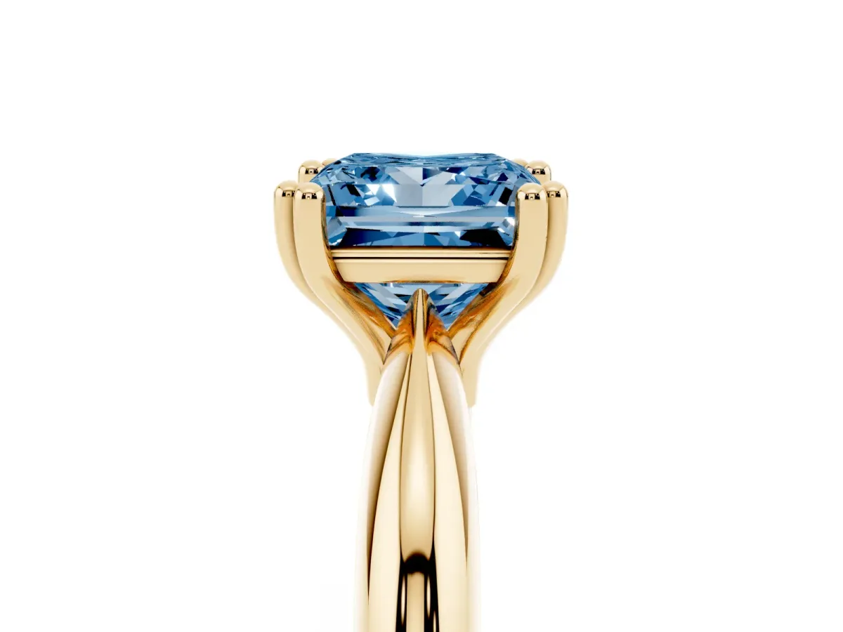 Fancy Blue Princess Cut Cut Solitaire Engagement Ring with Tapered Band and Four-Prong Setting Yellow gold