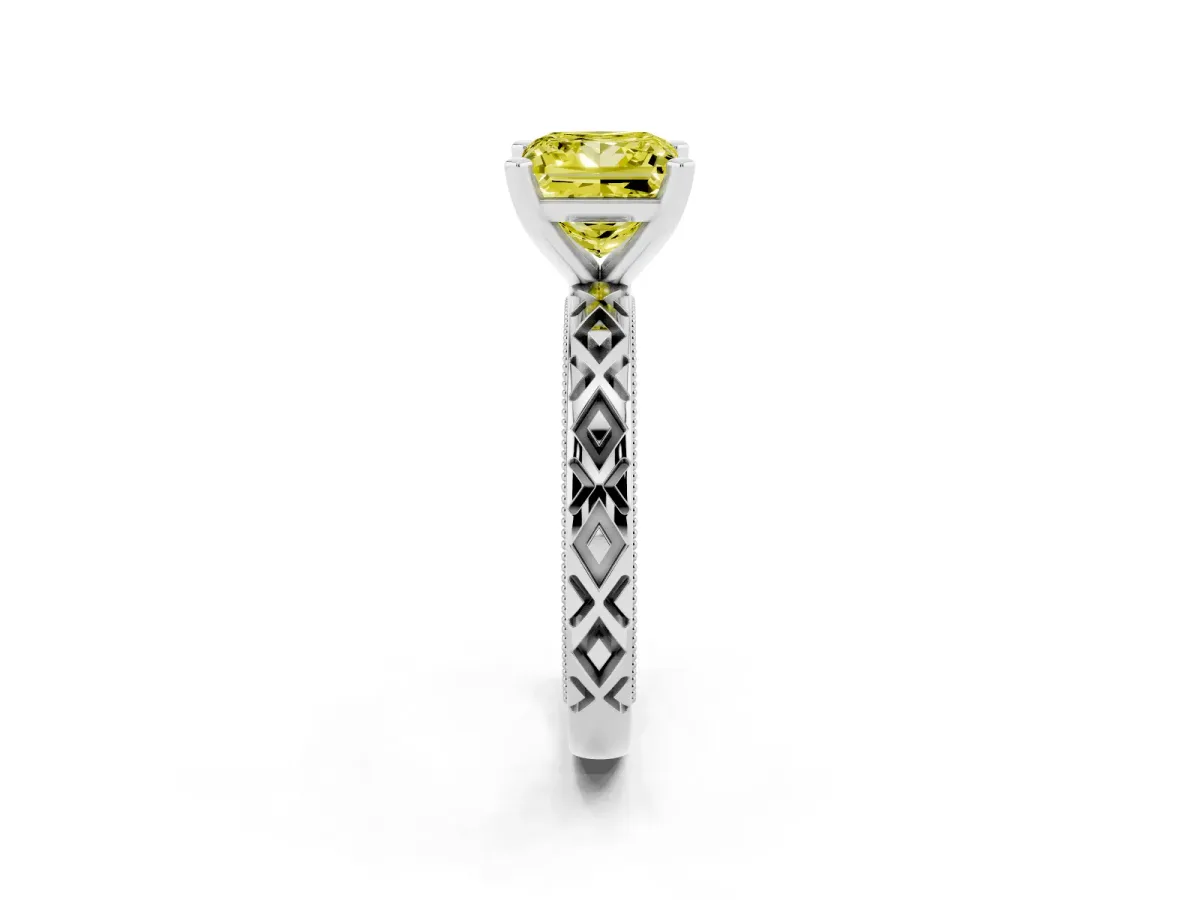 Fancy Yellow Princess Cut Solitaire Diamond Ring with Milgrain and Black Enamel X Pattern Band Silver