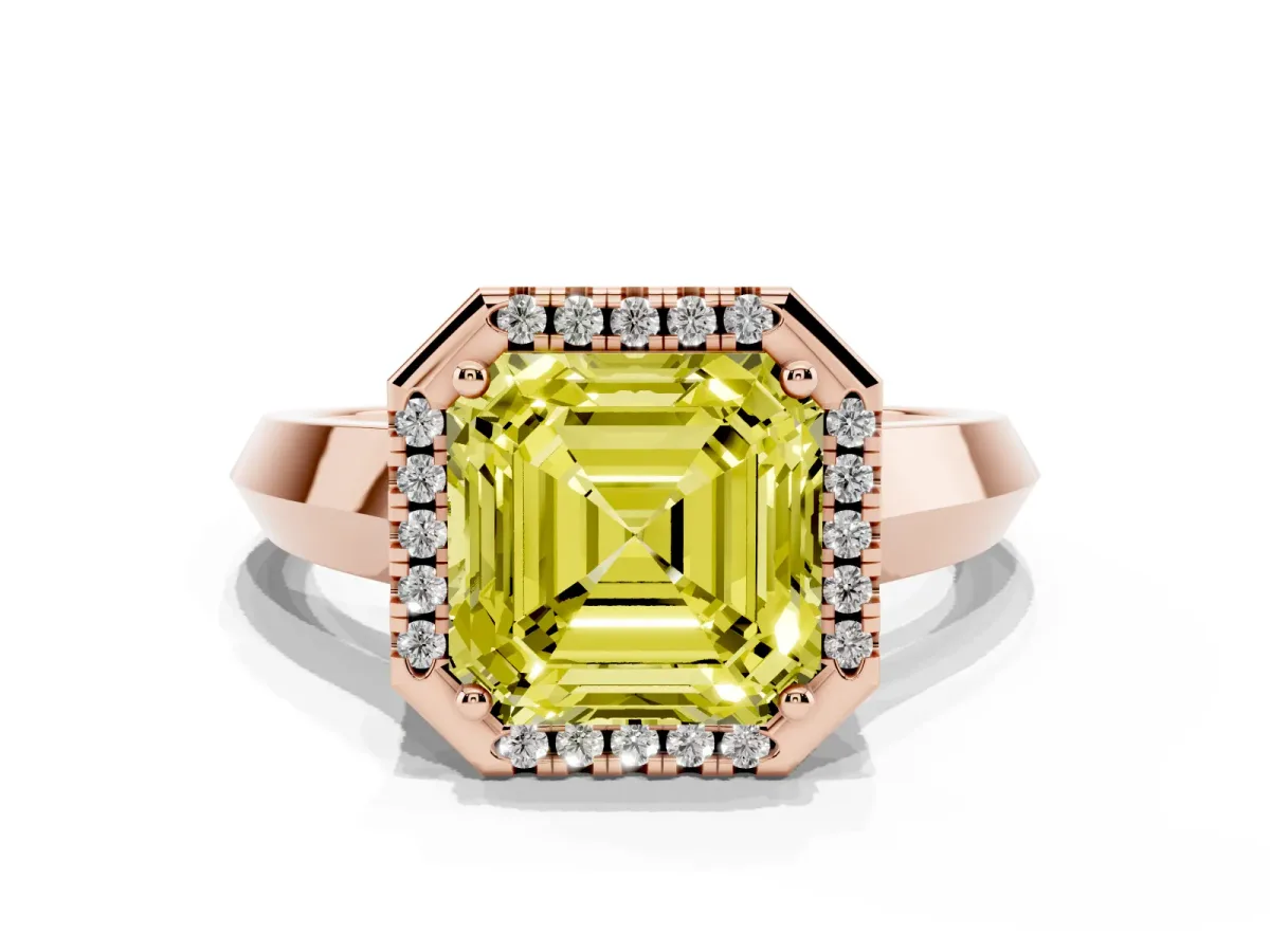 Fancy Yellow Asscher Cut Halo Diamond Ring with Cathedral Band and Four-Prong Setting Rose gold
