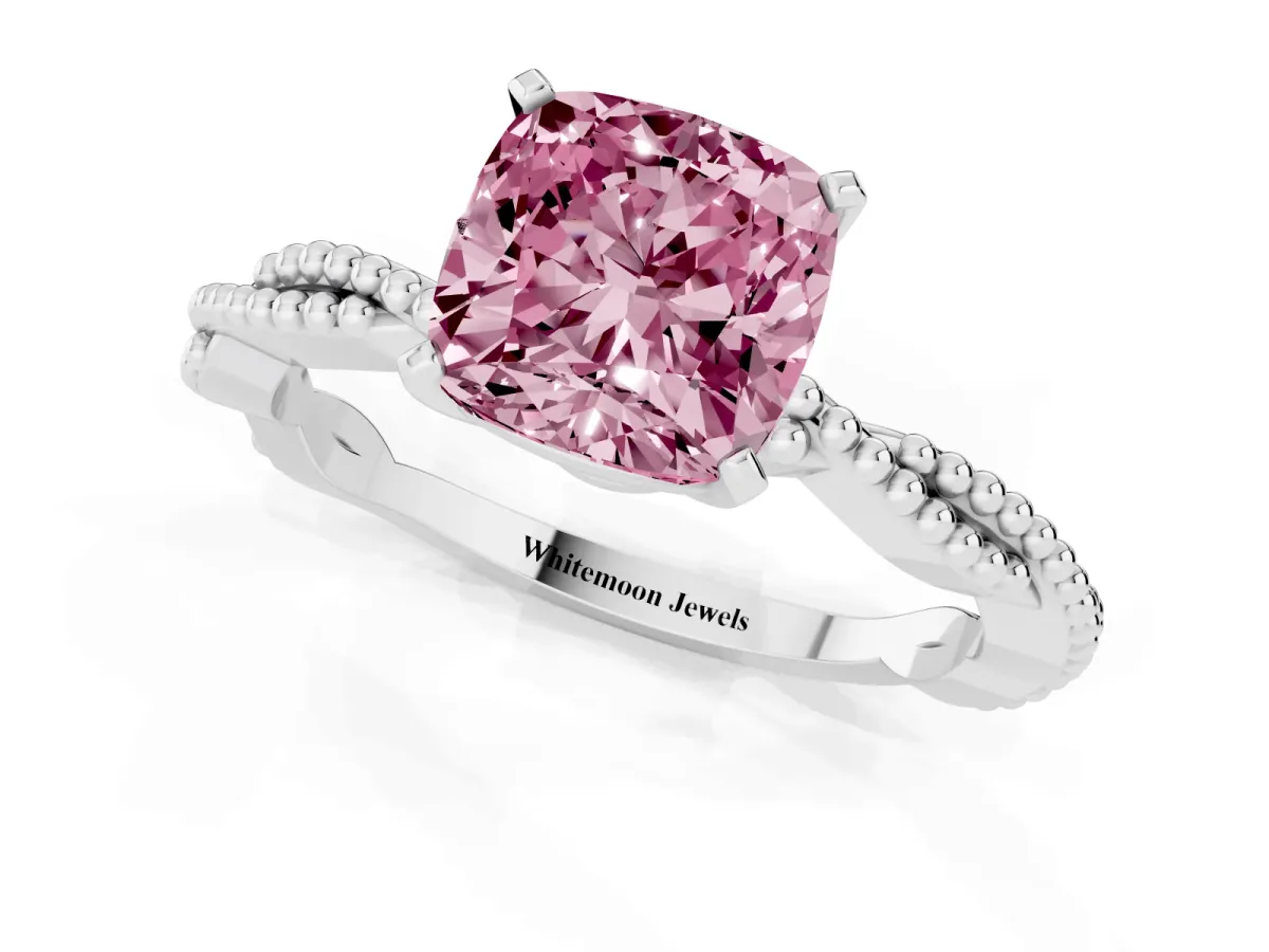 Fancy Pink Cushion Cut Solitaire Twisted Band with Bead Prong Setting Silver