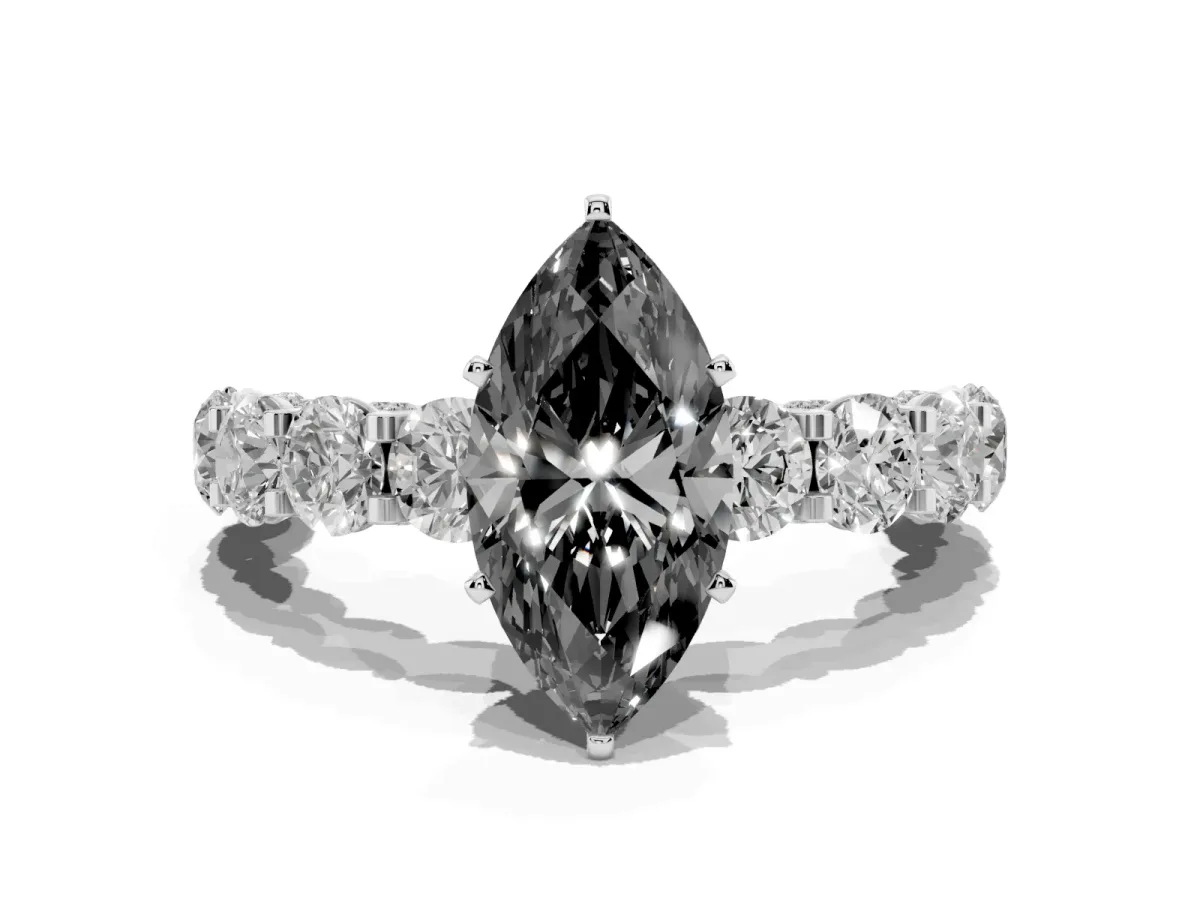 Fancy Black Marquise Cut Diamond Side Stone Engagement Ring with Four-Prong Setting Silver