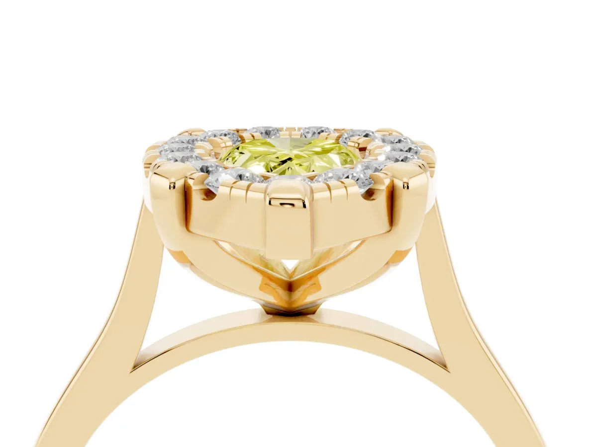 Fancy Yellow Pear Cut Diamond Cluster Halo Solitaire with Four-Prong Setting Yellow gold