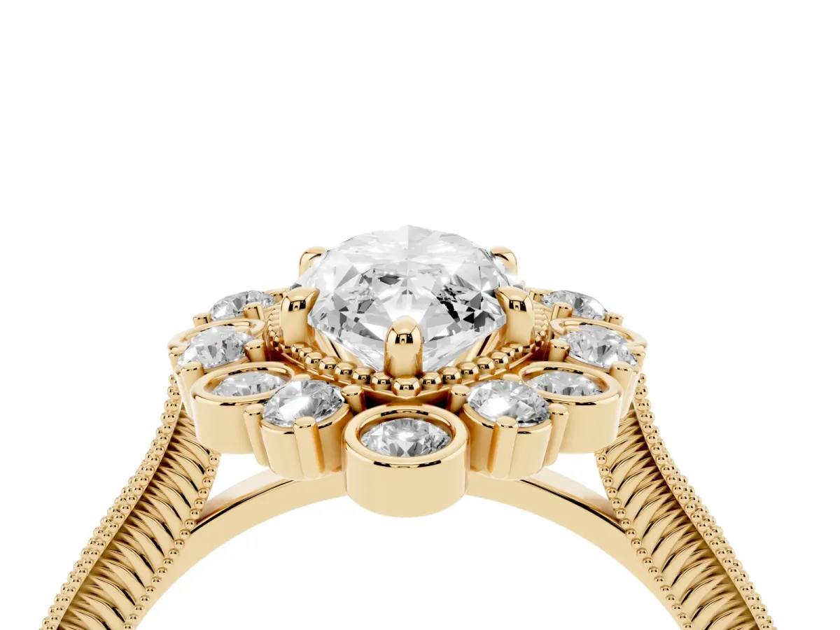 Marquise Cut Halo Milgrain Pave Diamond Ring with Four-Prong Setting Yellow gold