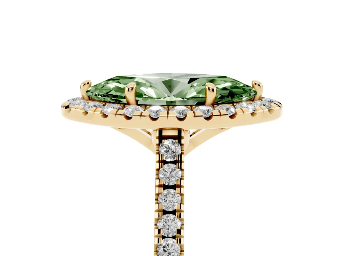 Fancy Green Marquise Cut Diamond Cushion Halo Ring with Pavé Band Yellow gold