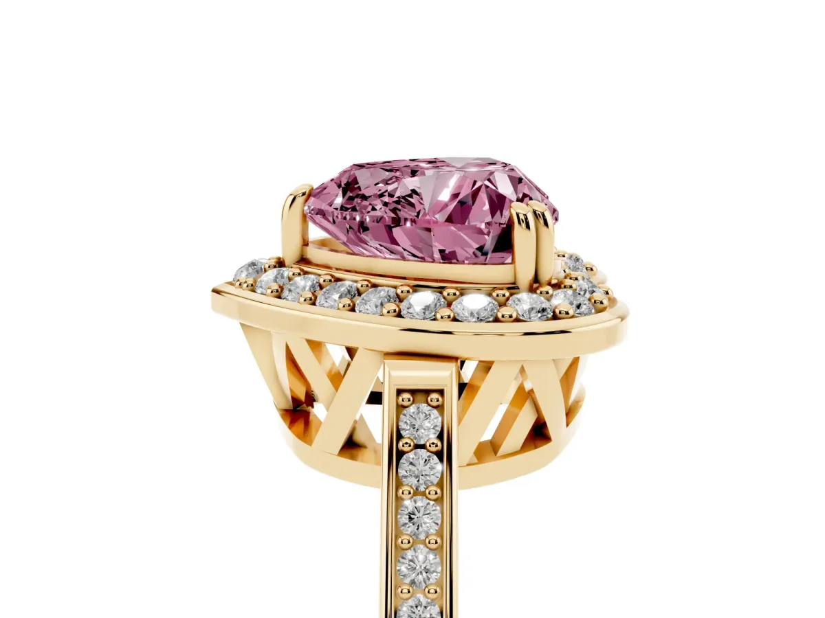 Fancy Pink Heart Cut Diamond Halo Ring with Split Shank and Four-Prong Setting Yellow gold