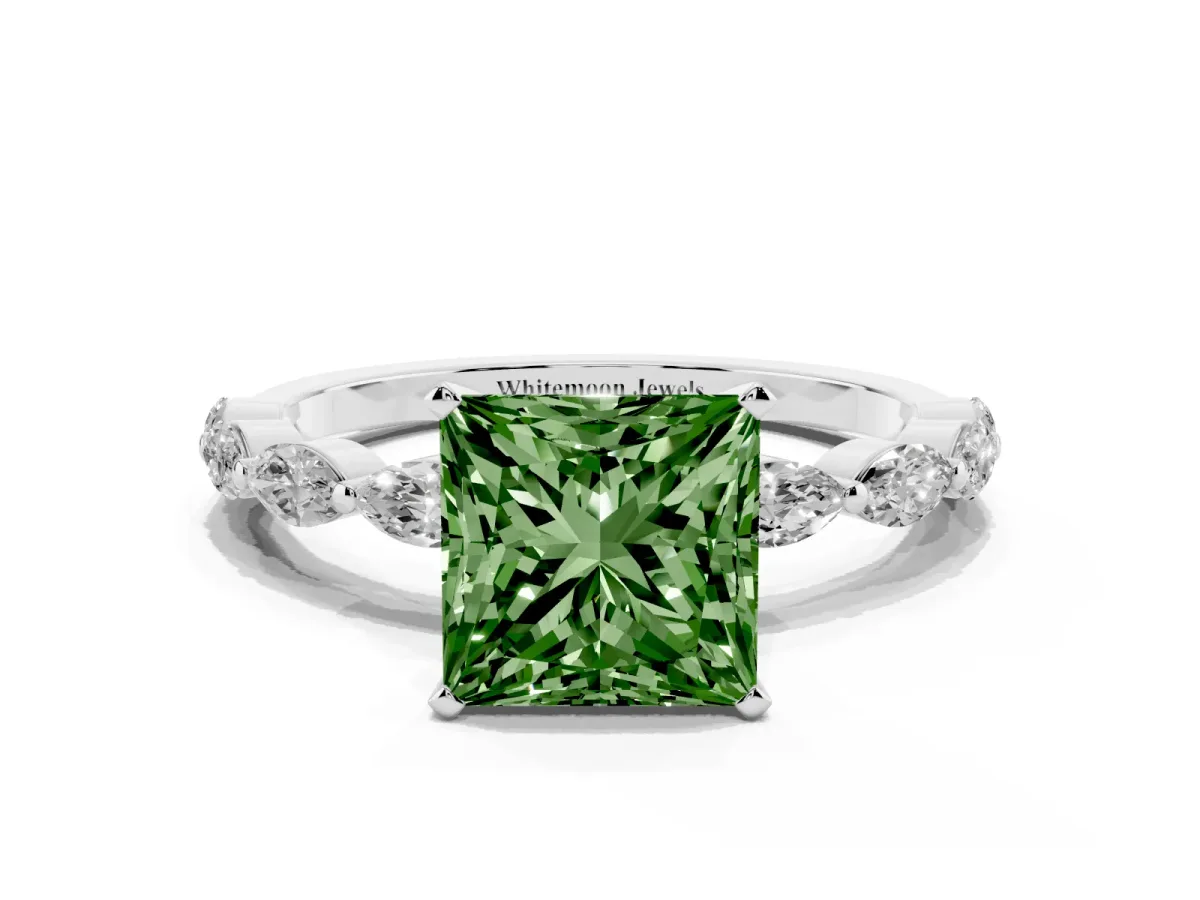 Fancy Green Princess Cut Diamond Ring with Marquise Side Stones and Prong Setting Platinum