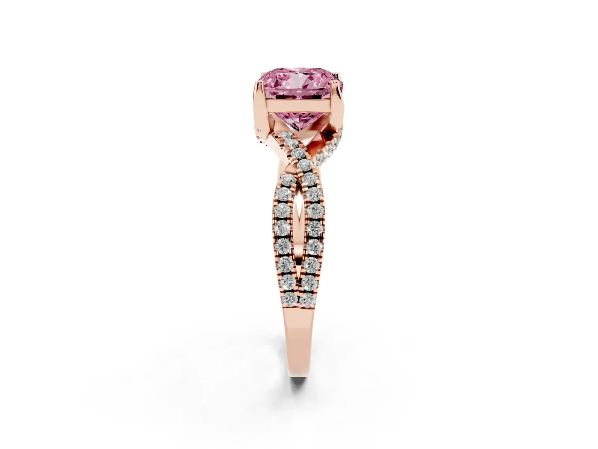 Fancy Pink Cushion Cut Solitaire Twist Pave Diamond Engagement Ring with Prong Setting Rose gold