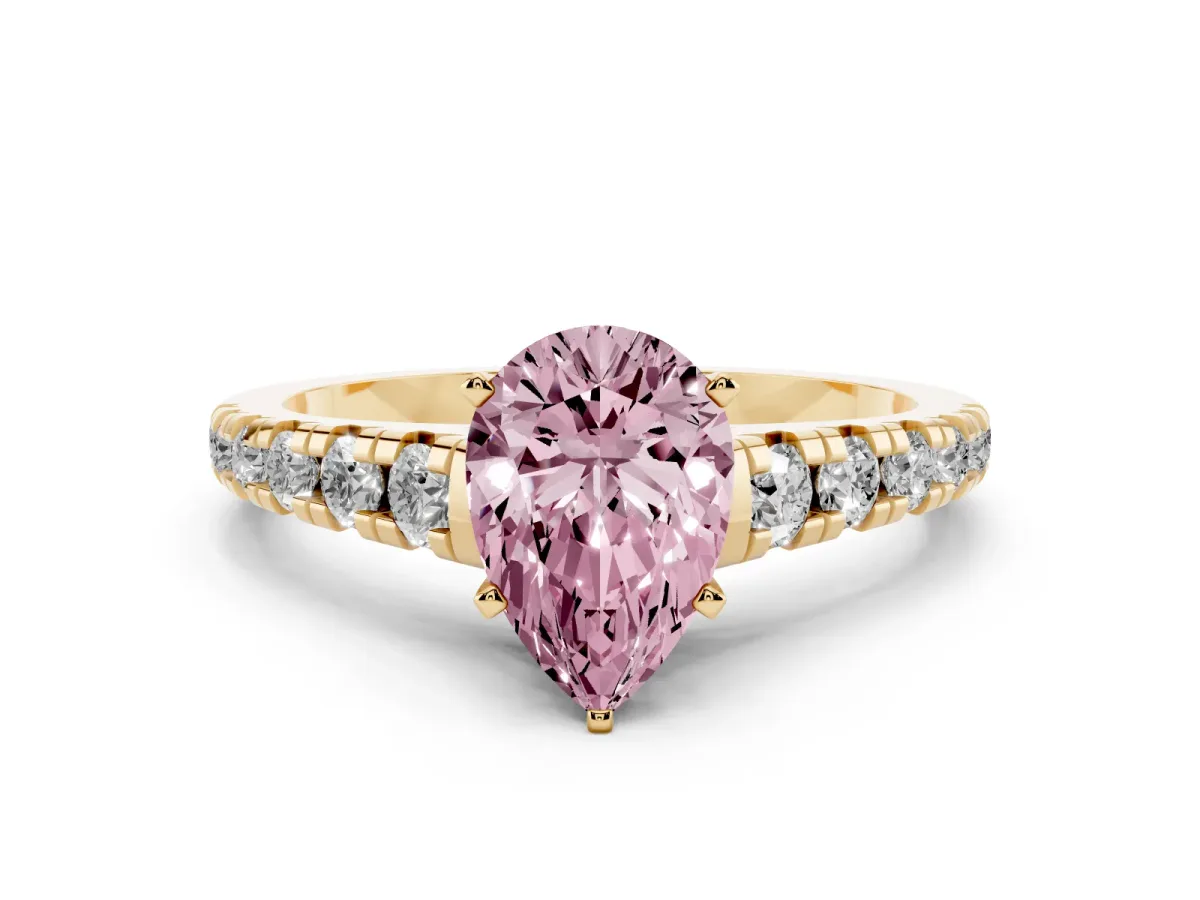 Fancy Pink Pear Cut Diamond Cathedral Solitaire Ring with Round Pavé Band Yellow gold