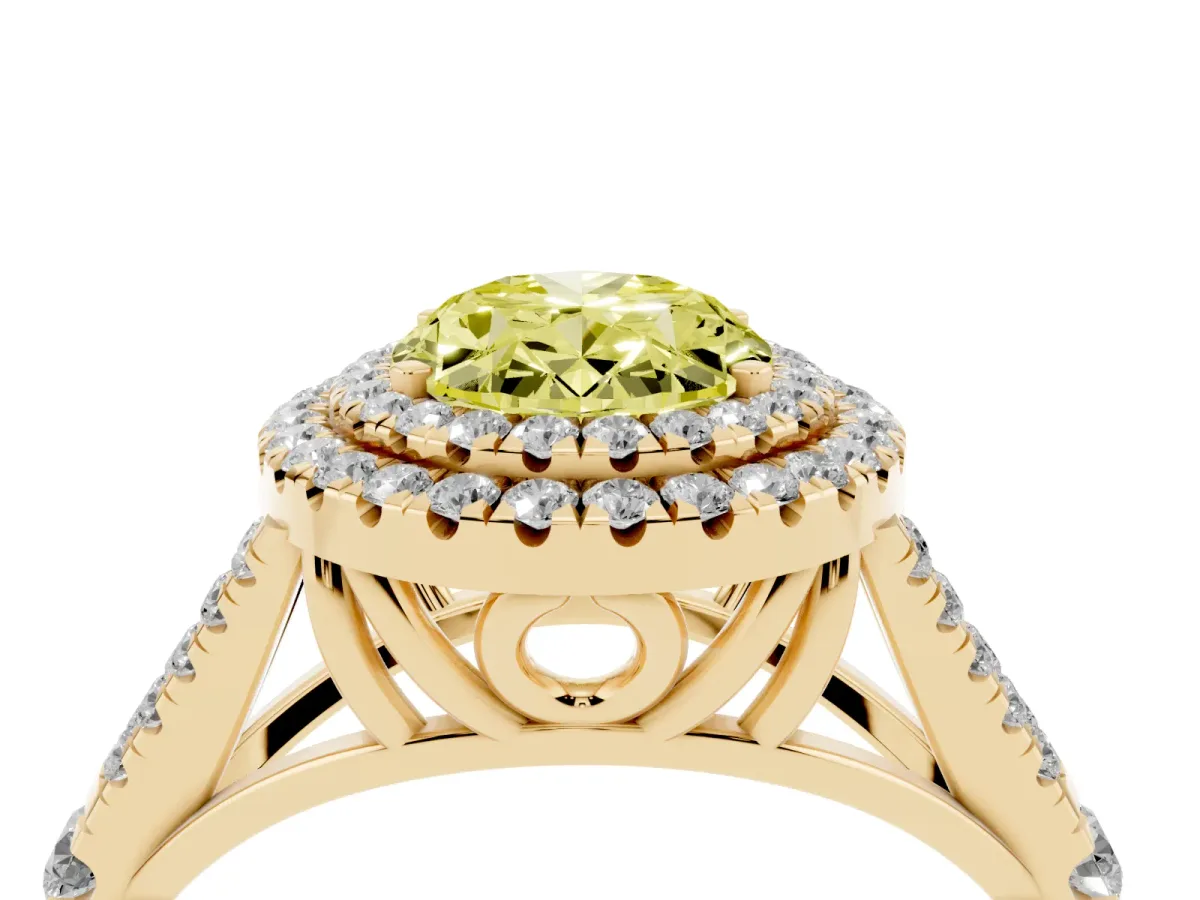 Fancy Yellow Oval Cut Cut Double Halo Split Shank Diamond Ring with Prong Setting Yellow gold